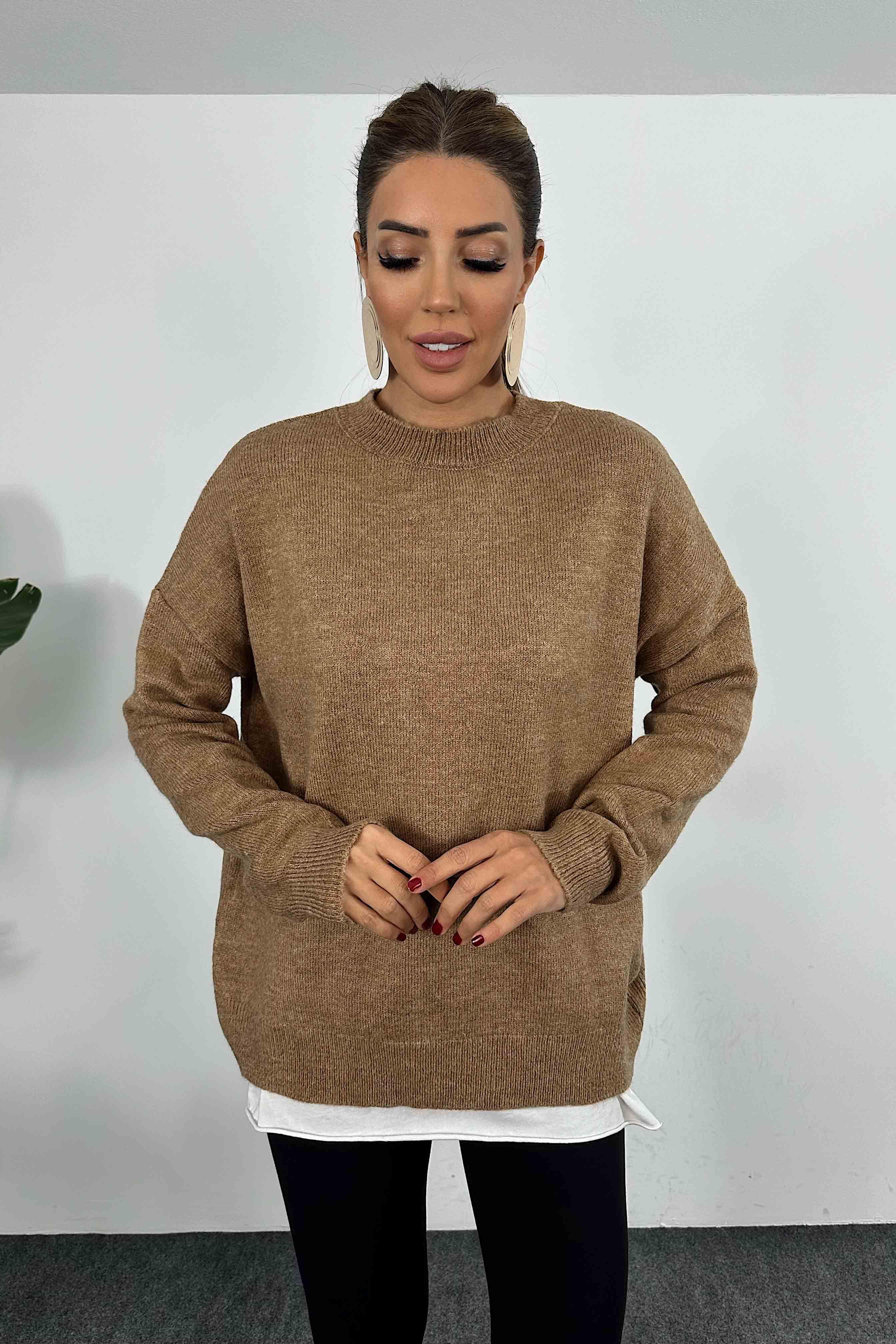 Bisiklet Yaka Salaş Triko Kazak Camel