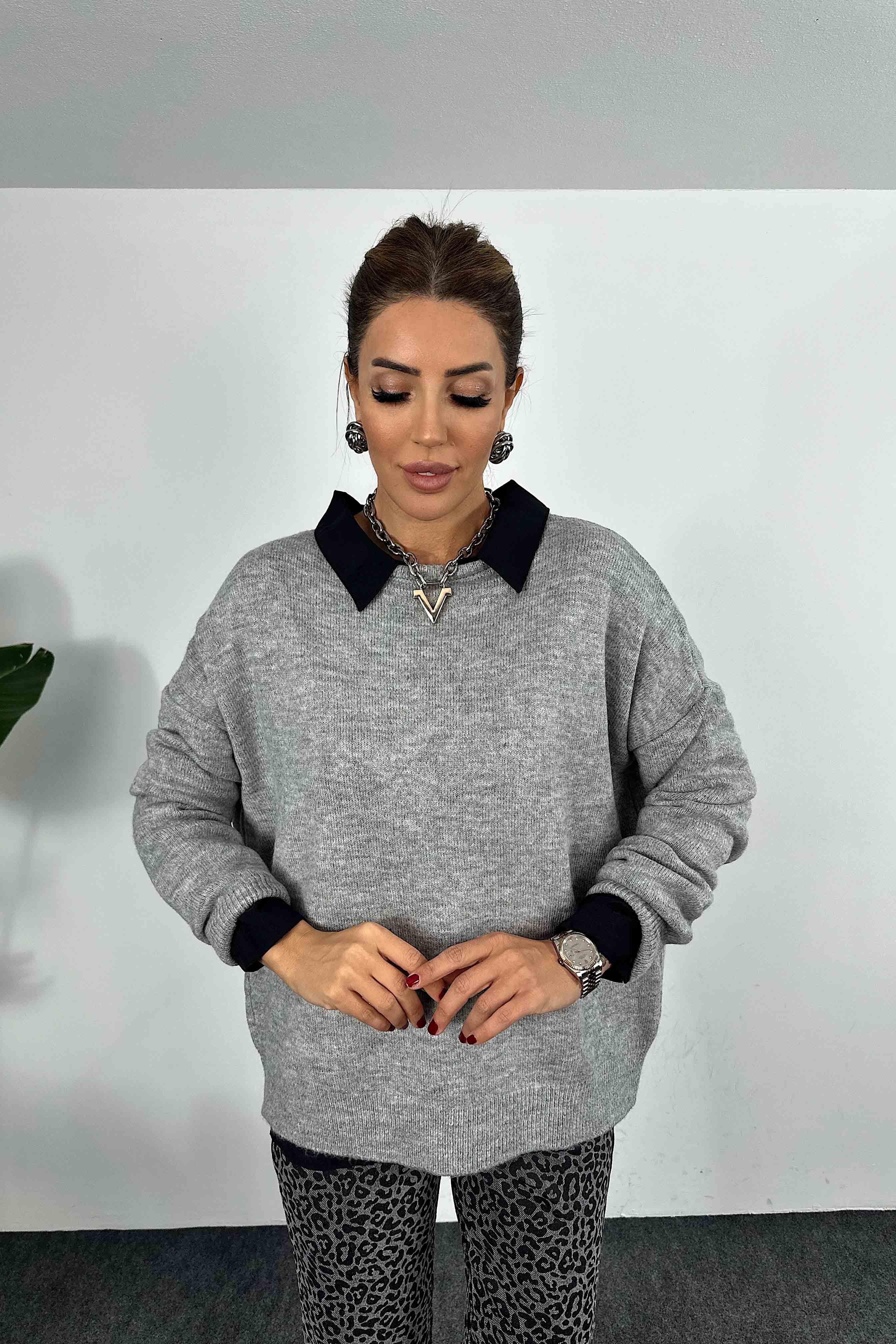 Bisiklet Yaka Salaş Triko Kazak Gri