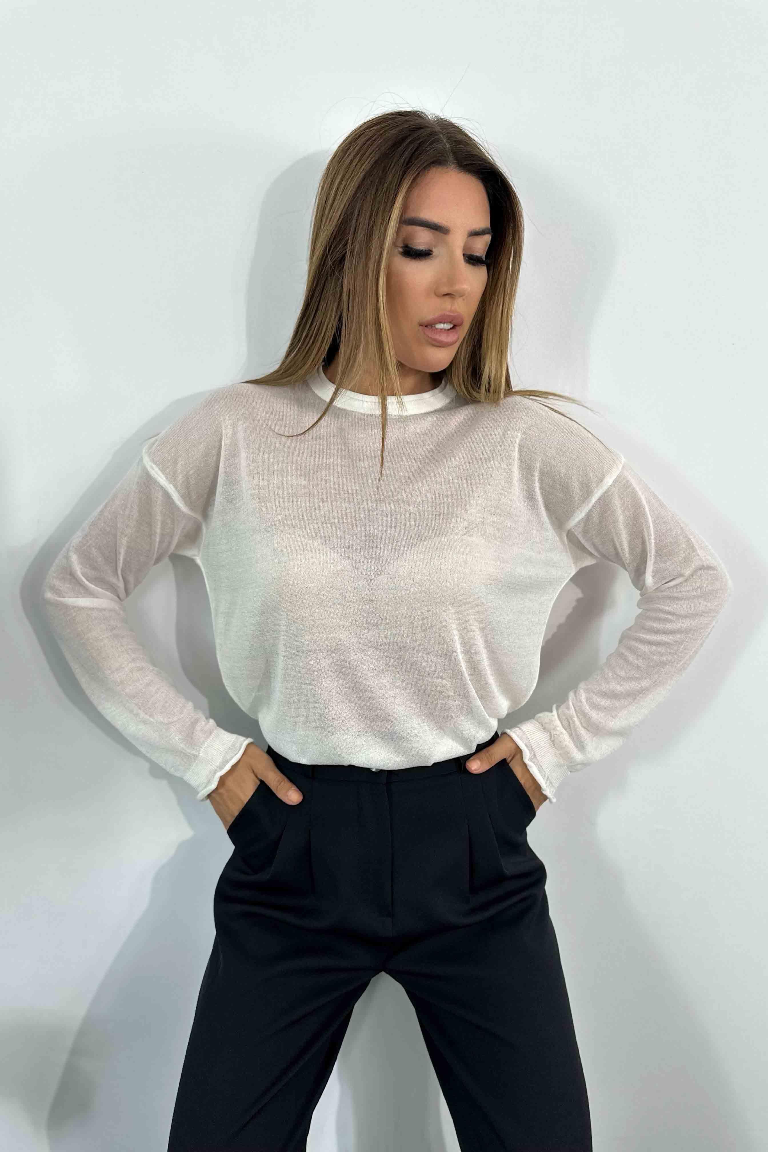 Bisiklet Yaka Simli İnce Triko Bluz Ekru