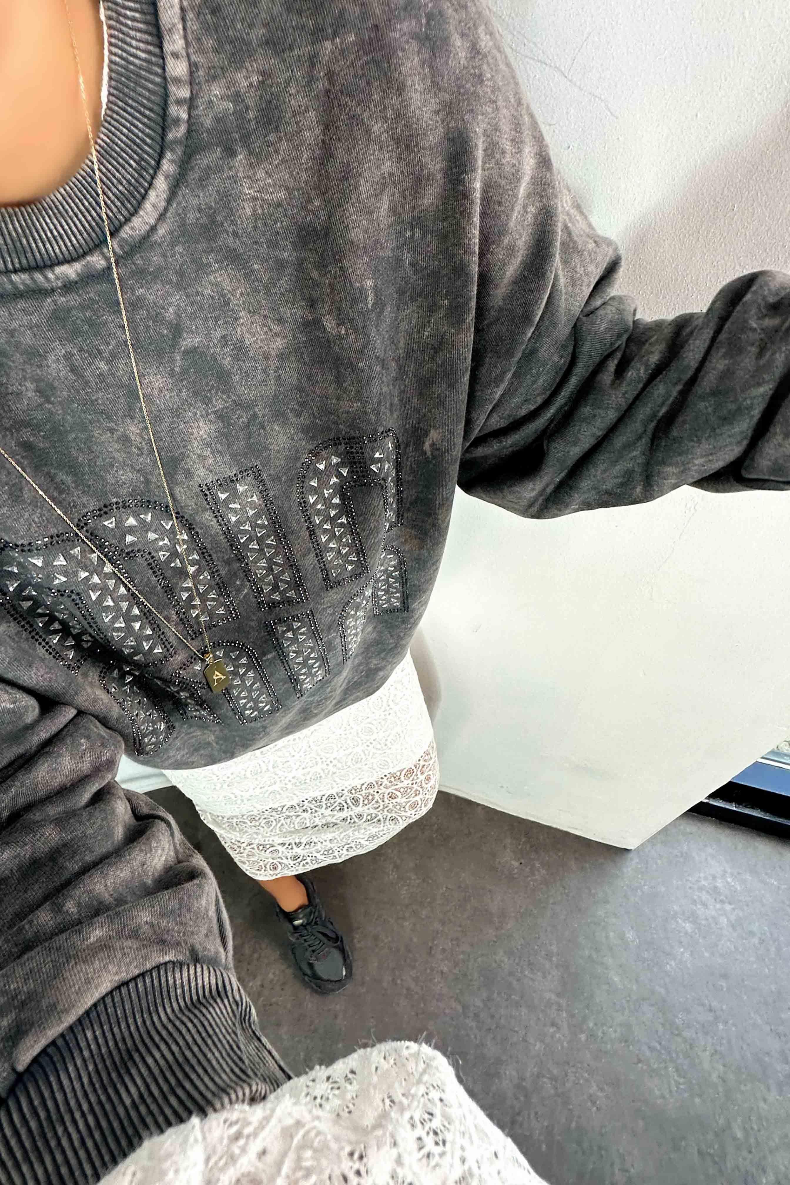 Bisiklet Yaka Tok Kumaş Yıkamalı Kadın Sweatshirt Füme