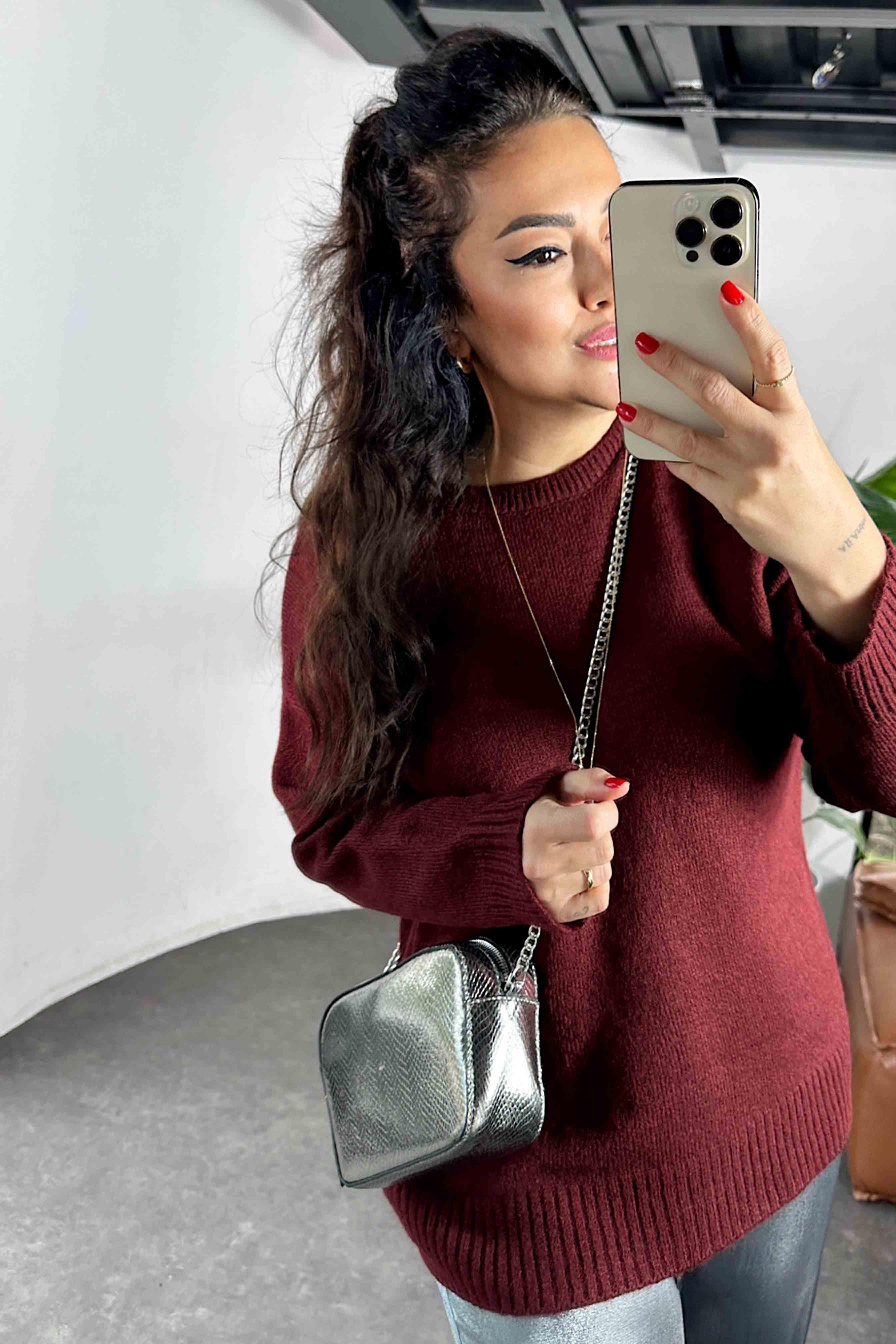 Bisiklet Yaka Yumoş Triko Kadın Kazak Bordo