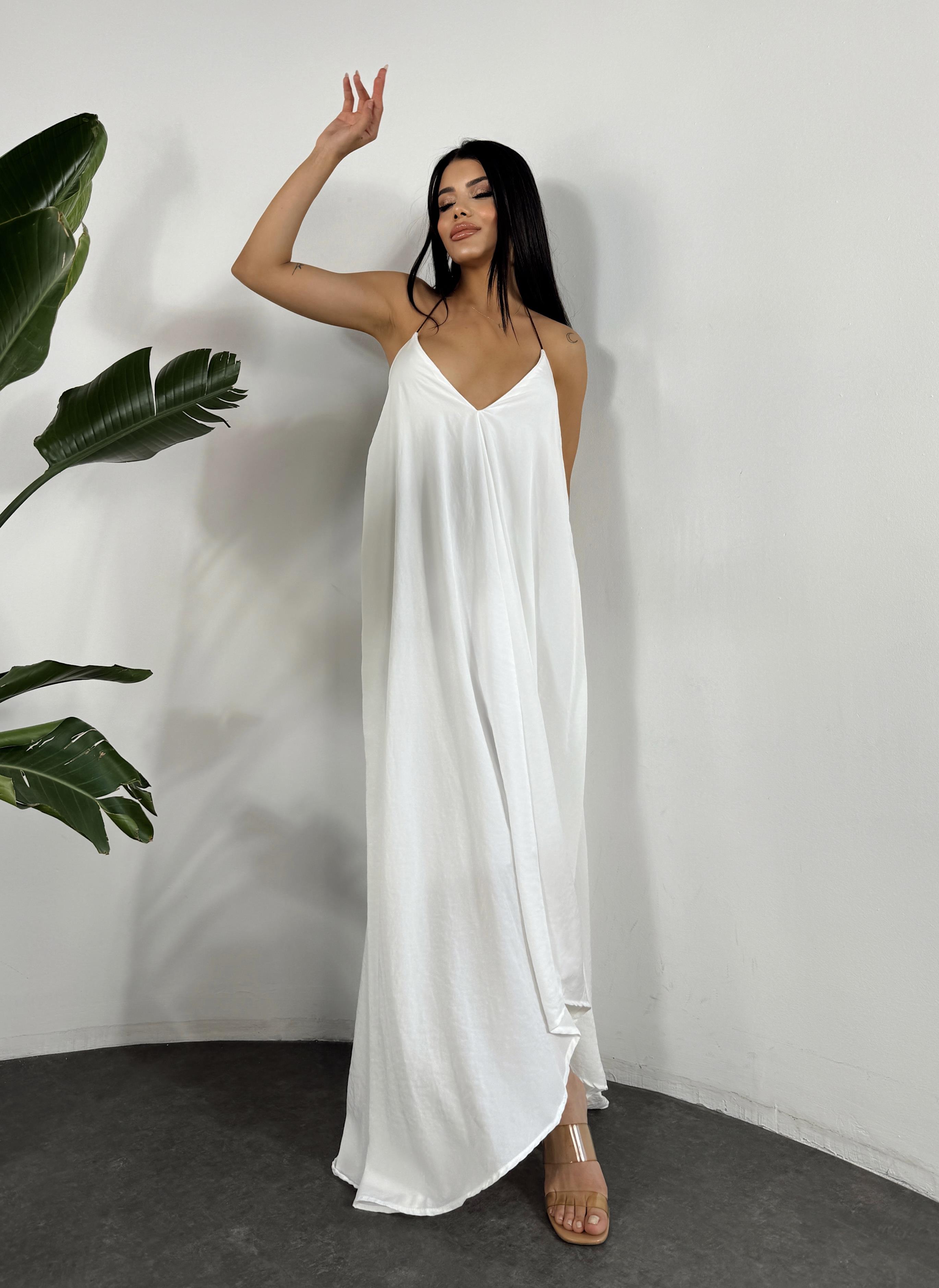 Boyundan Bağlamalı Detaylı Astarlı Salaş Elbise Beyaz