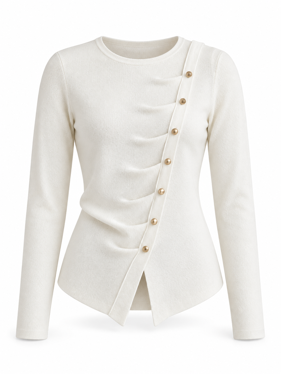 Büzgü Düğme Detaylı Triko Kazak Beyaz