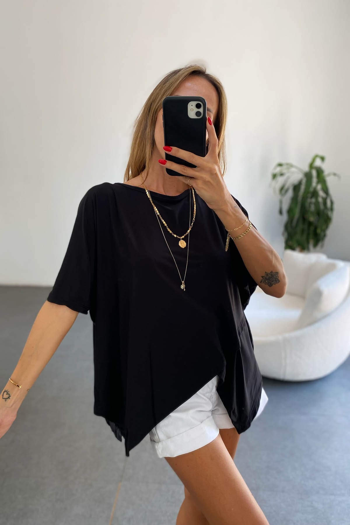 Çapraz Kesim Oversize Bluz Siyah