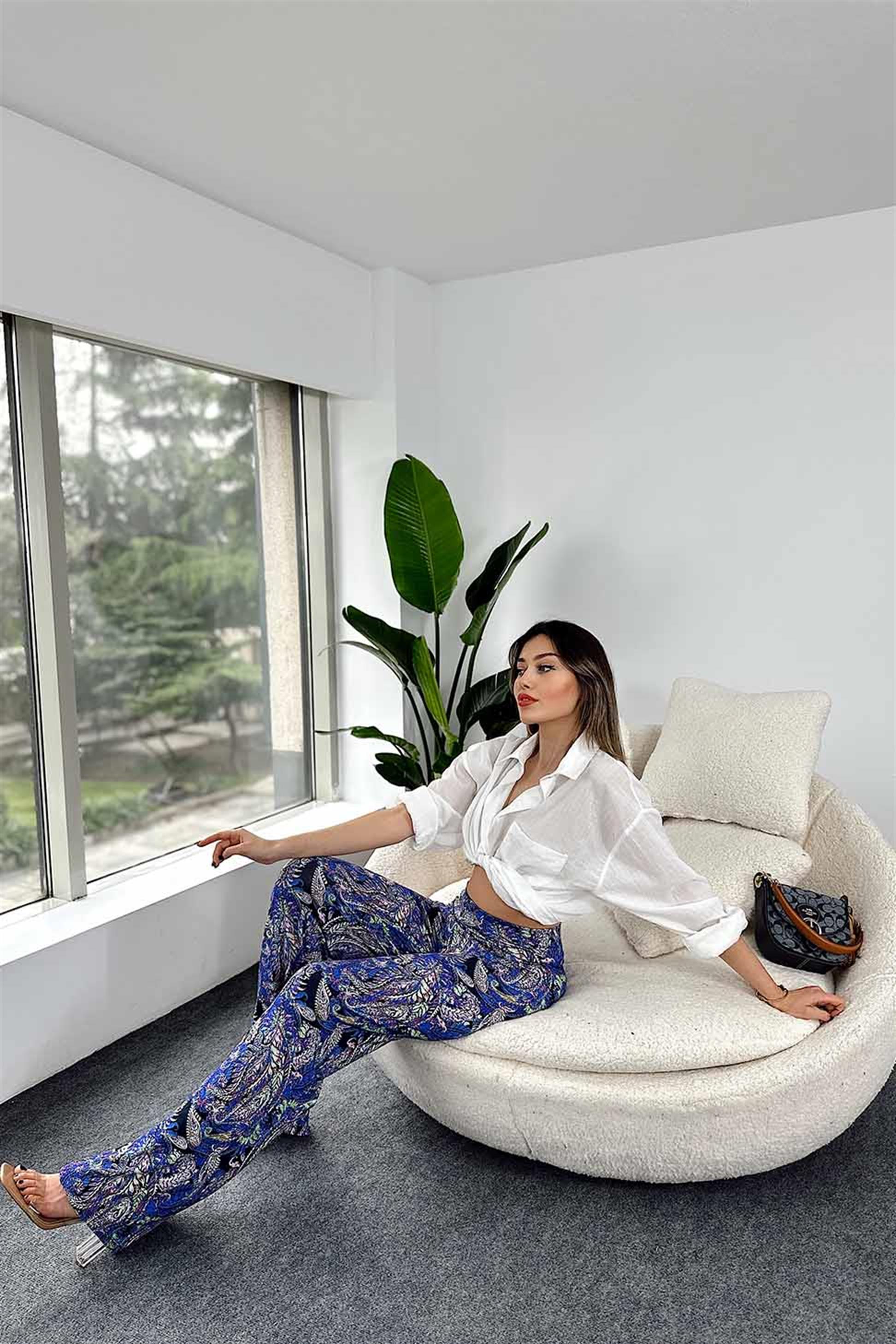 Çiçek Desen Beli Lastikli Salaş Pantolon Lila · 4