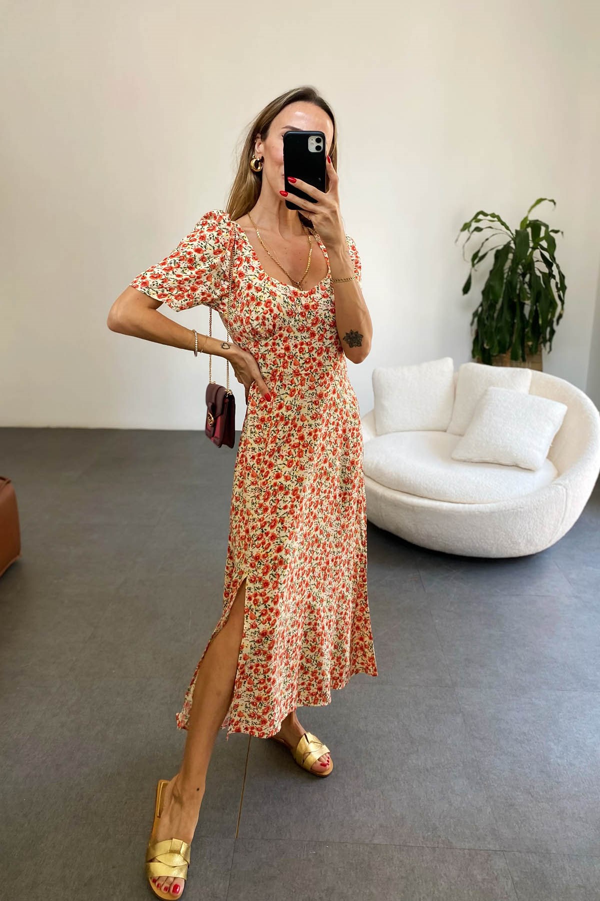 Çiçek Desenli Midi Elbise Krem - Nar Çiçeği