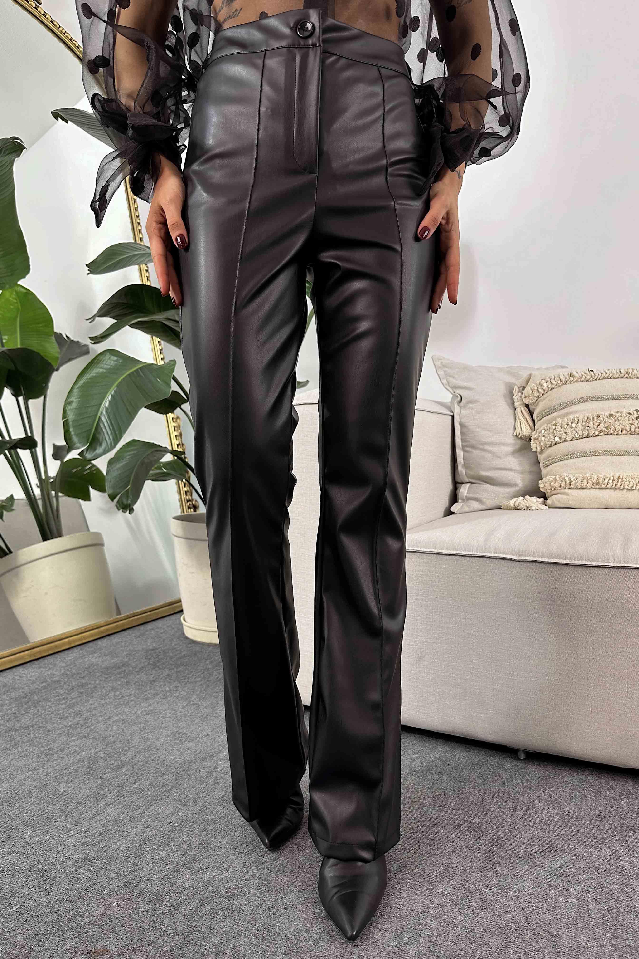 Çima Detaylı İspanyol Deri Pantolon Siyah