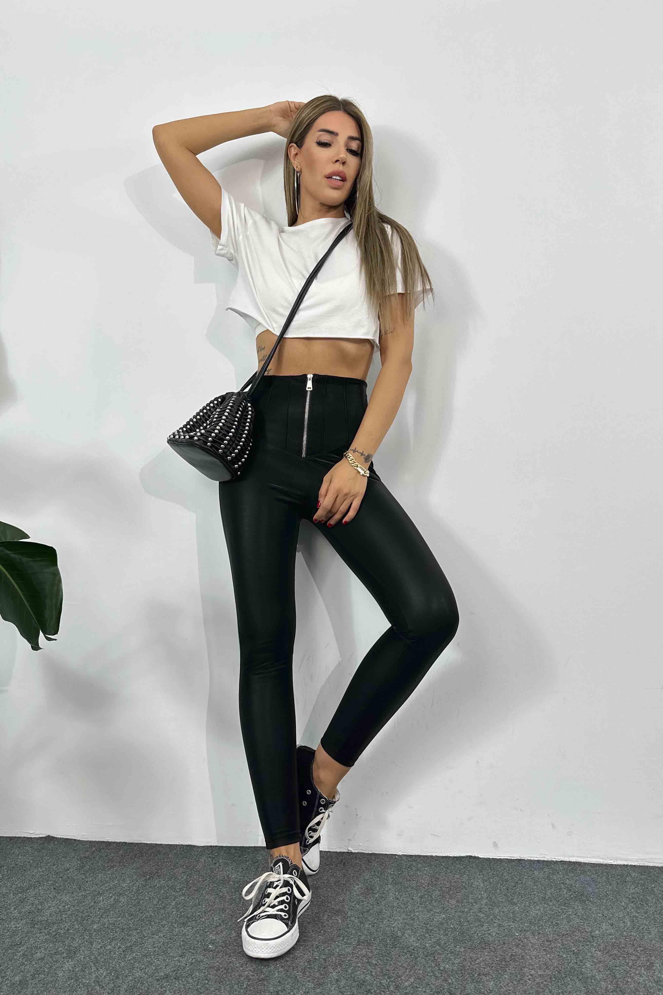 Çıma ve Fermuar Detay Deri Tayt Siyah