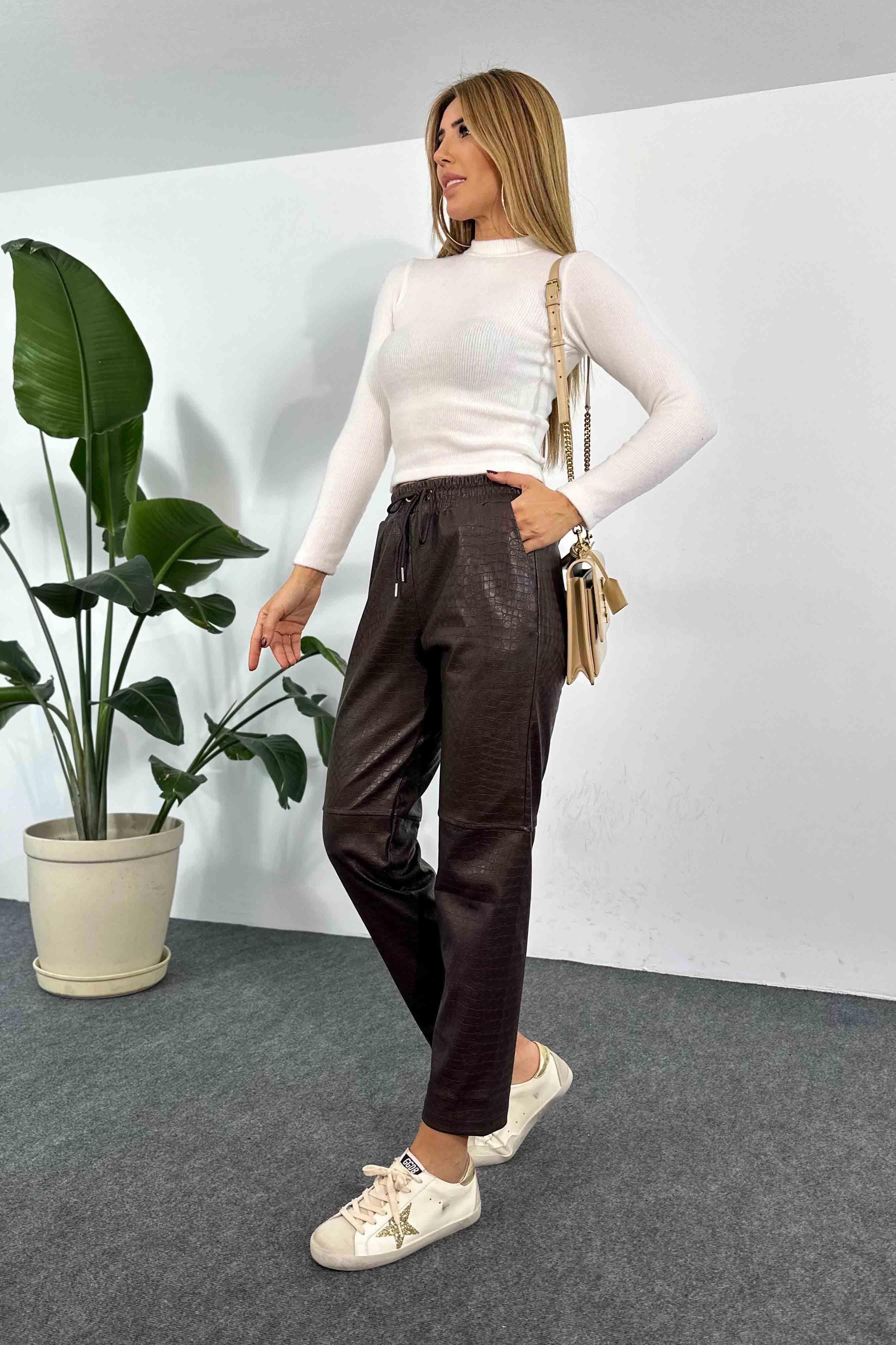 Crocodile Desenli Suni Deri Pantolon Acı Kahve