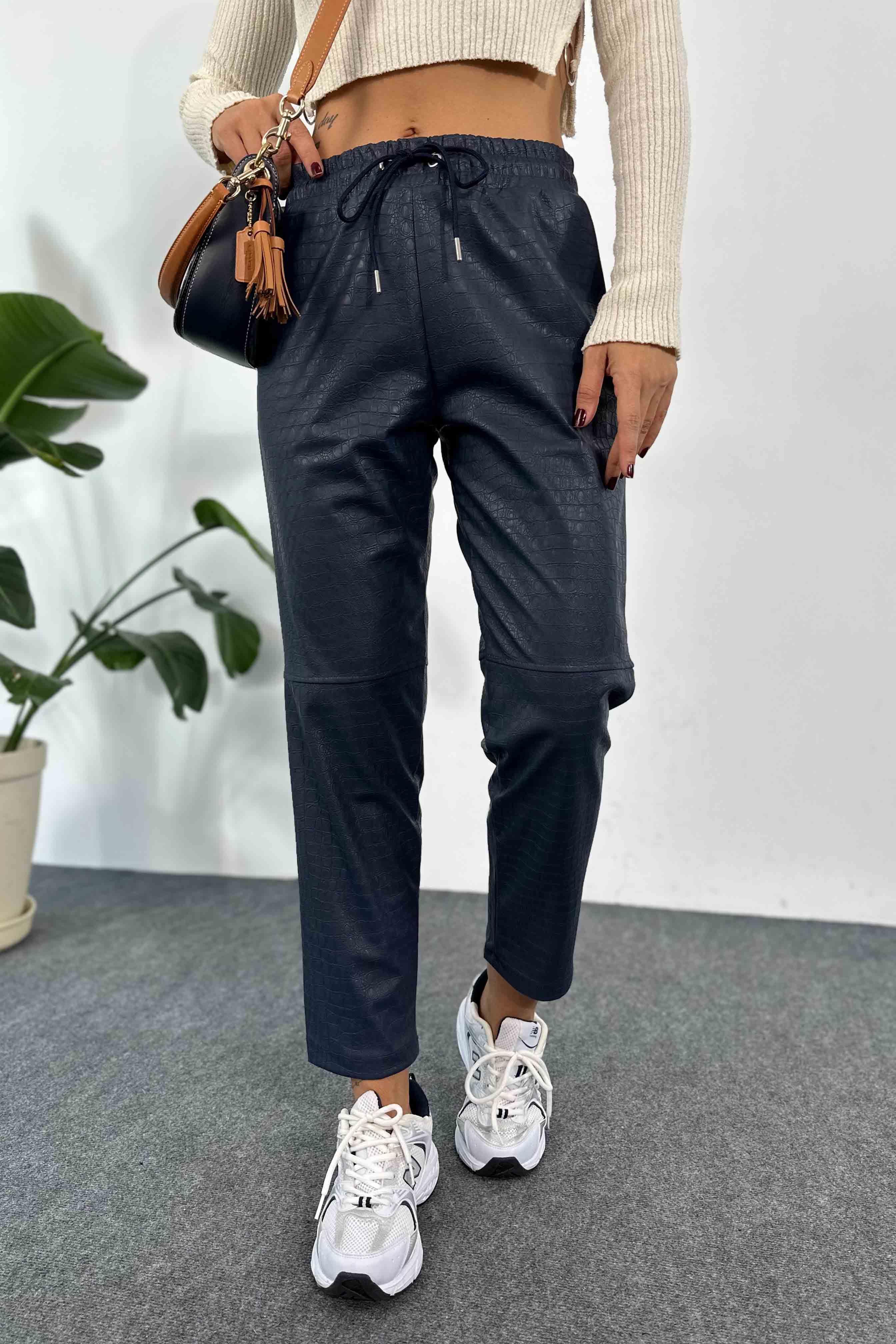 Crocodile Desenli Suni Deri Pantolon Lacivert