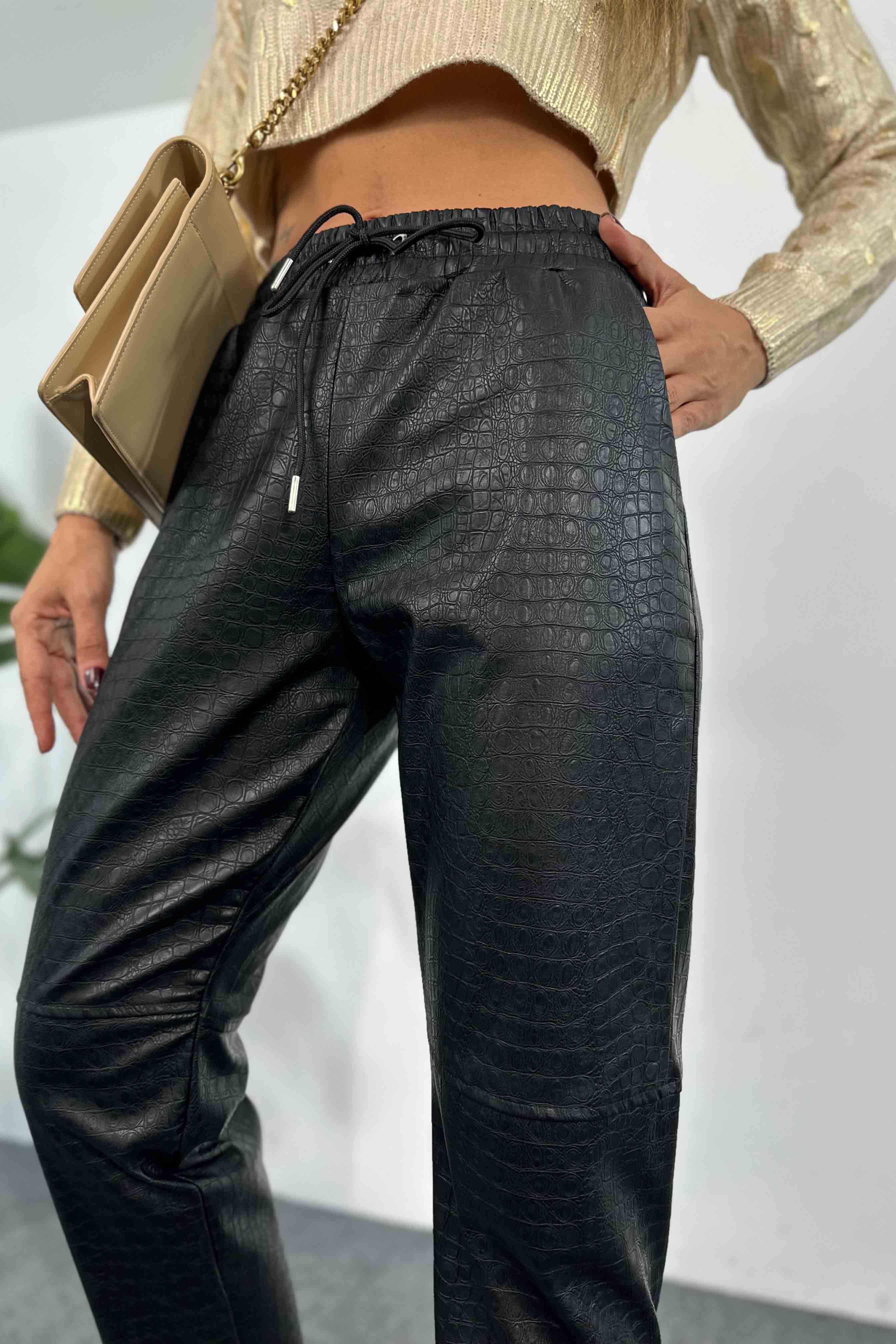 Crocodile Desenli Suni Deri Pantolon Siyah