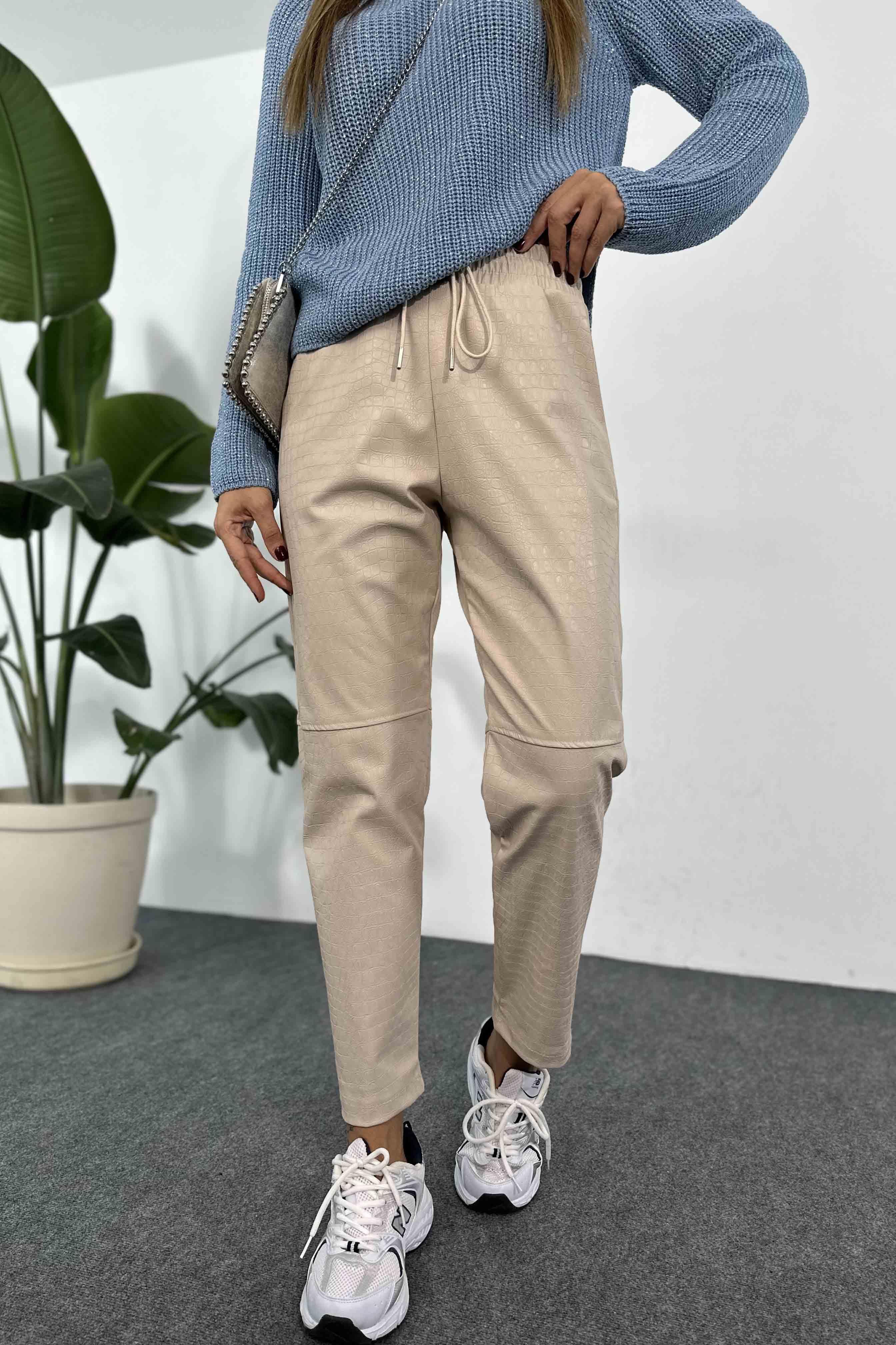 Crocodile Desenli Suni Deri Pantolon Taş