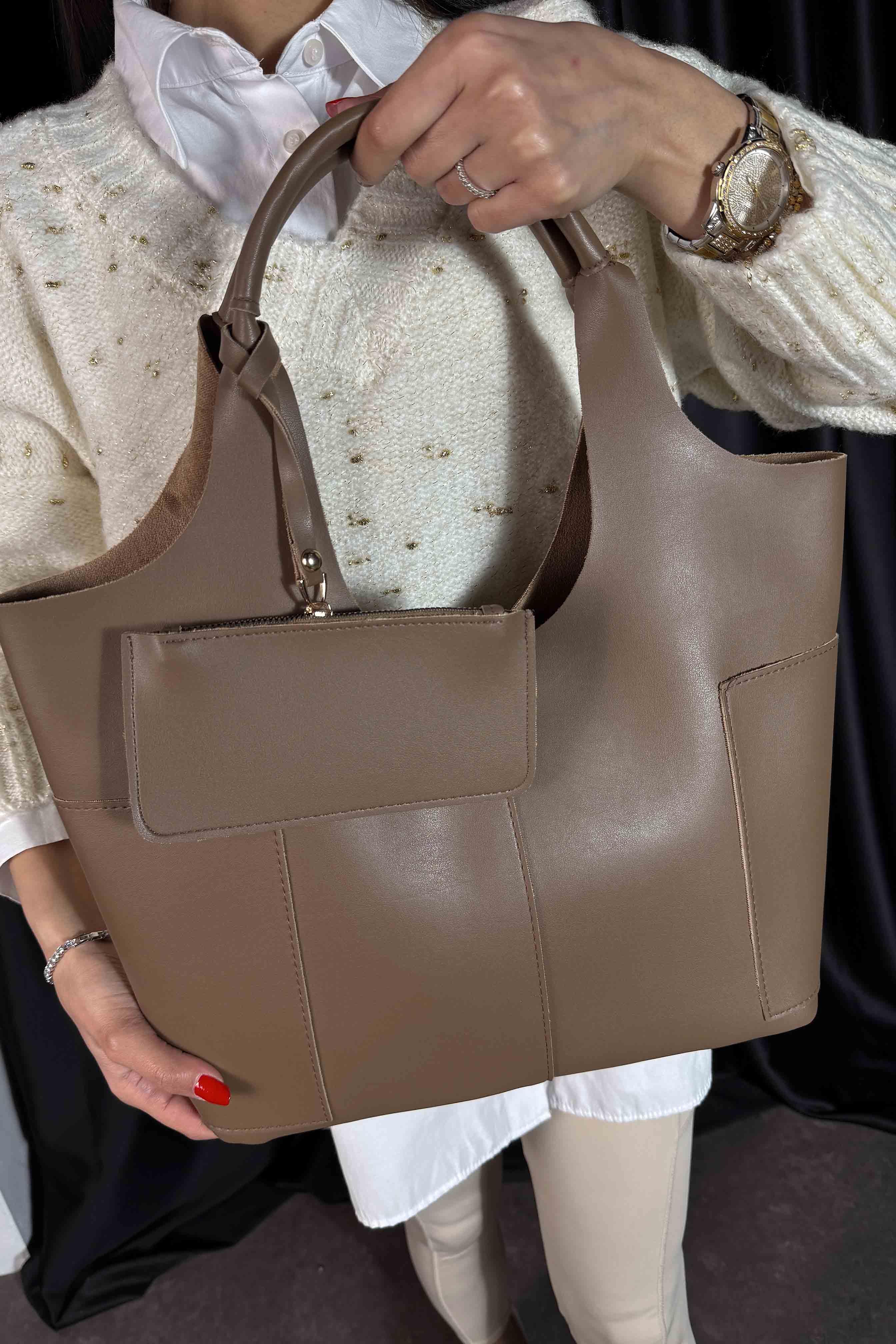 Cüzdan Detaylı Tote Çanta Vizon