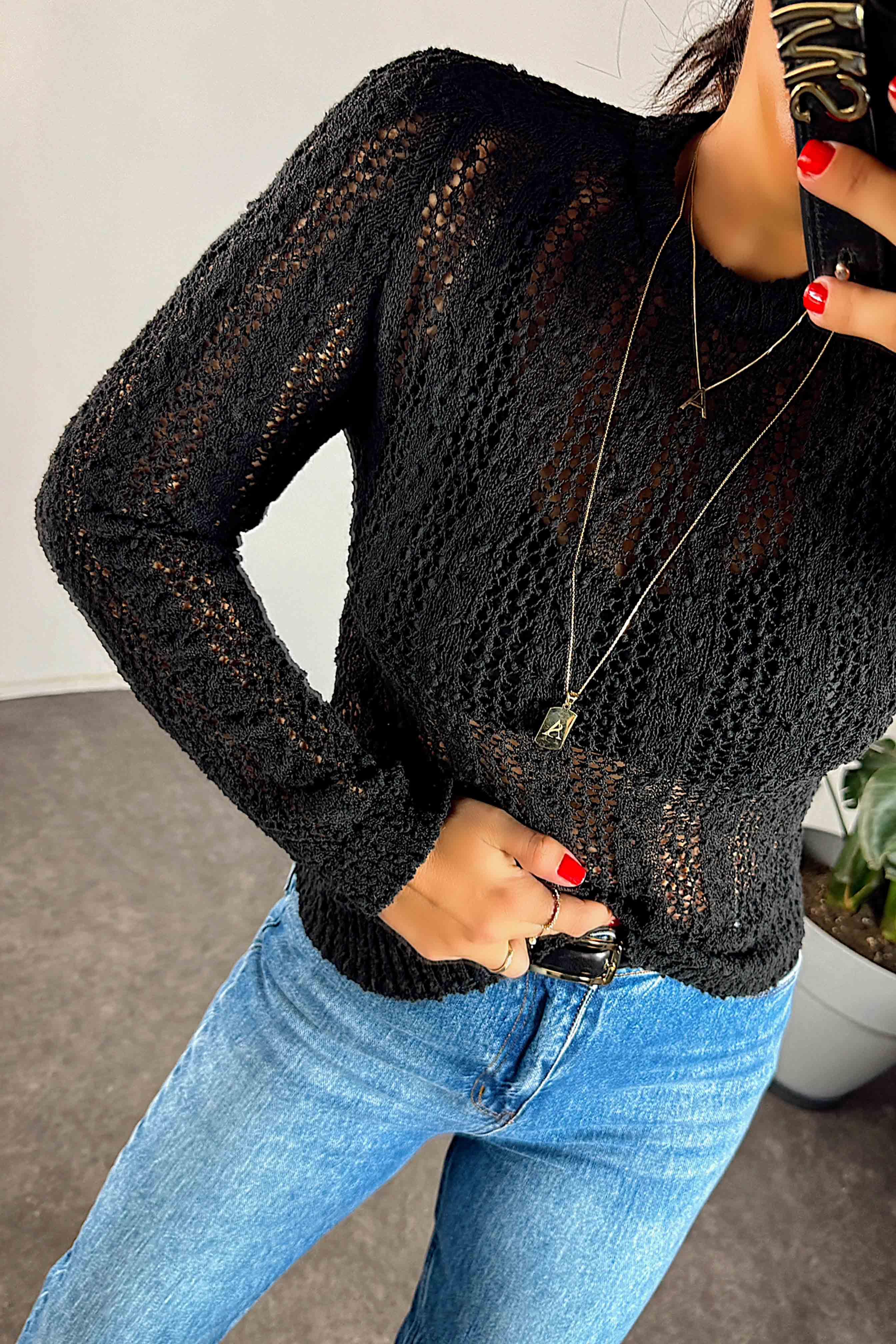 Dantel Görünümlü İnce Merserize Triko Kadın Kazak Siyah