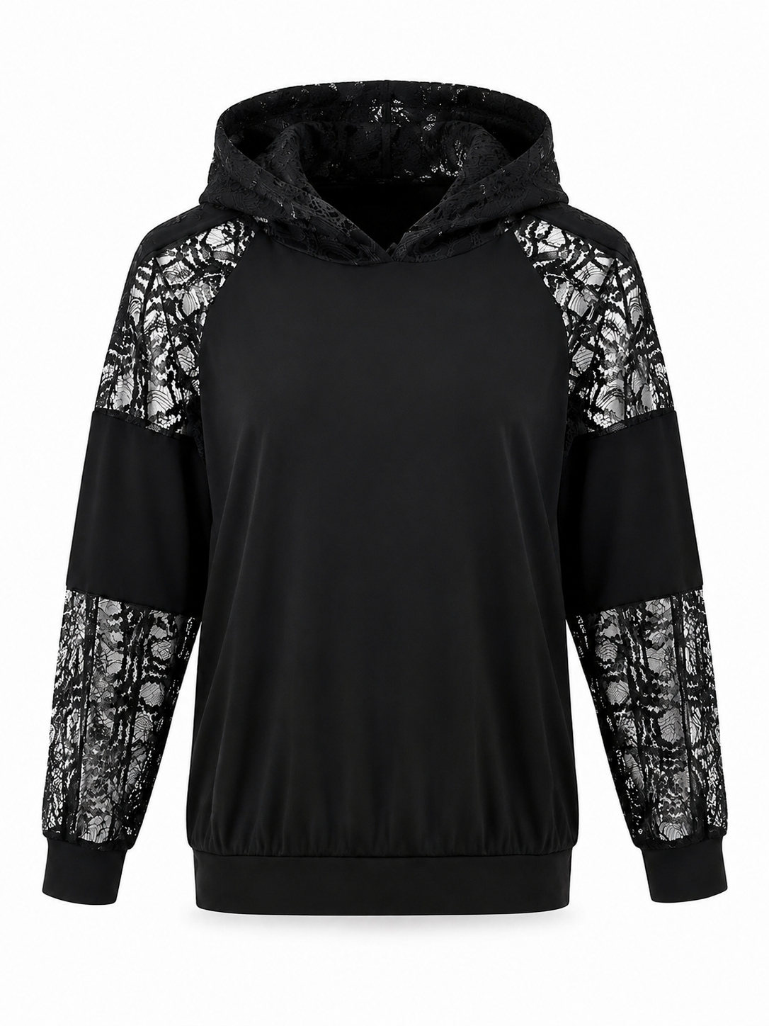 Dantel Kol ve Şapka Detaylı Sweatshirt Siyah