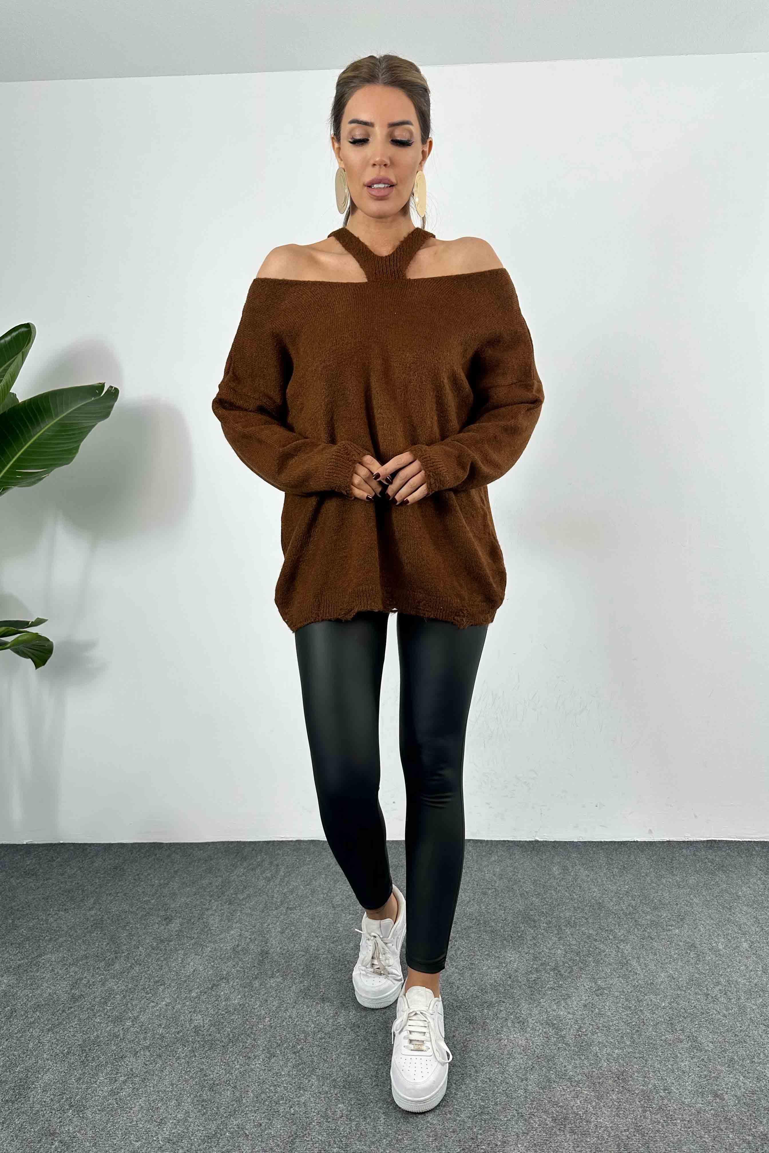 Dekolte Tasarım Yaka Örme Kazak Acı Kahve
