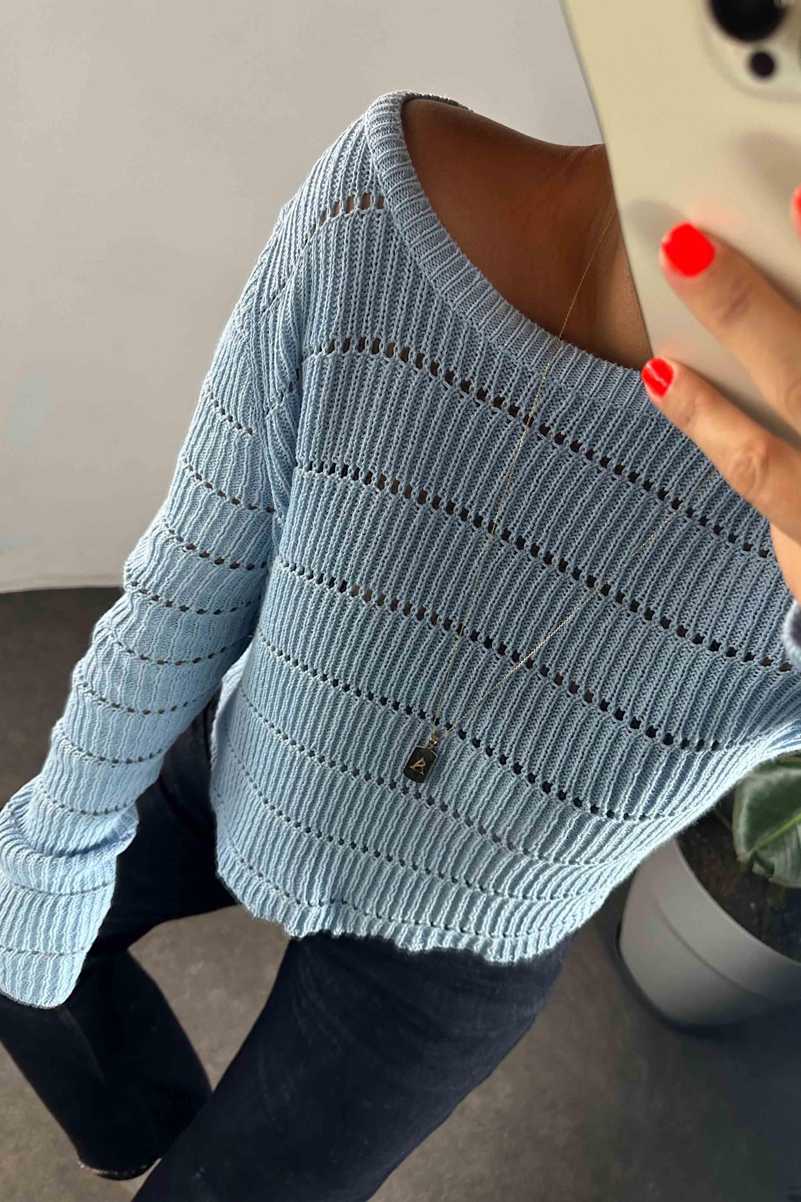 Delikli Triko Crop Kadın Kazak Bebe Mavisi