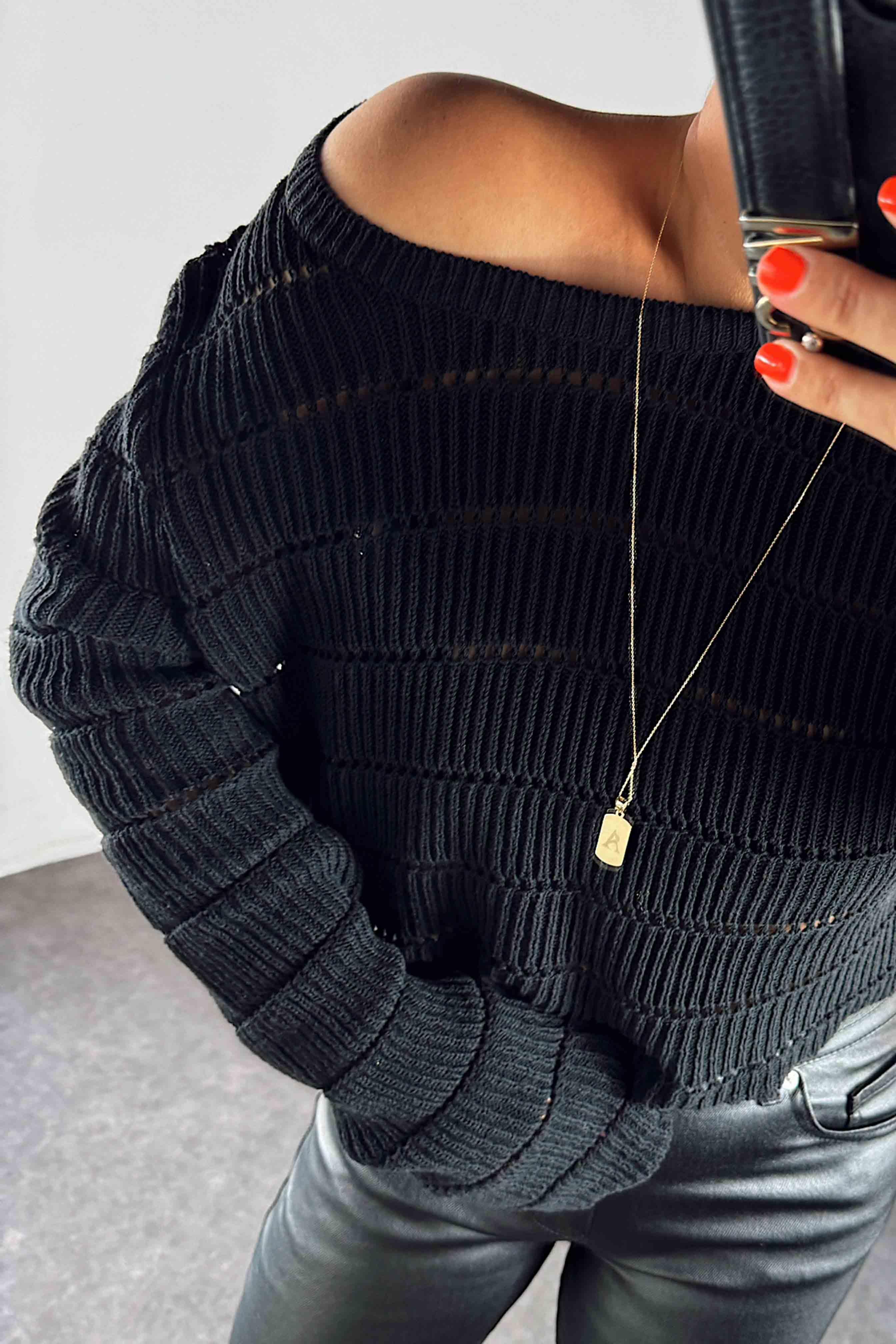 Delikli Triko Crop Kadın Kazak Siyah