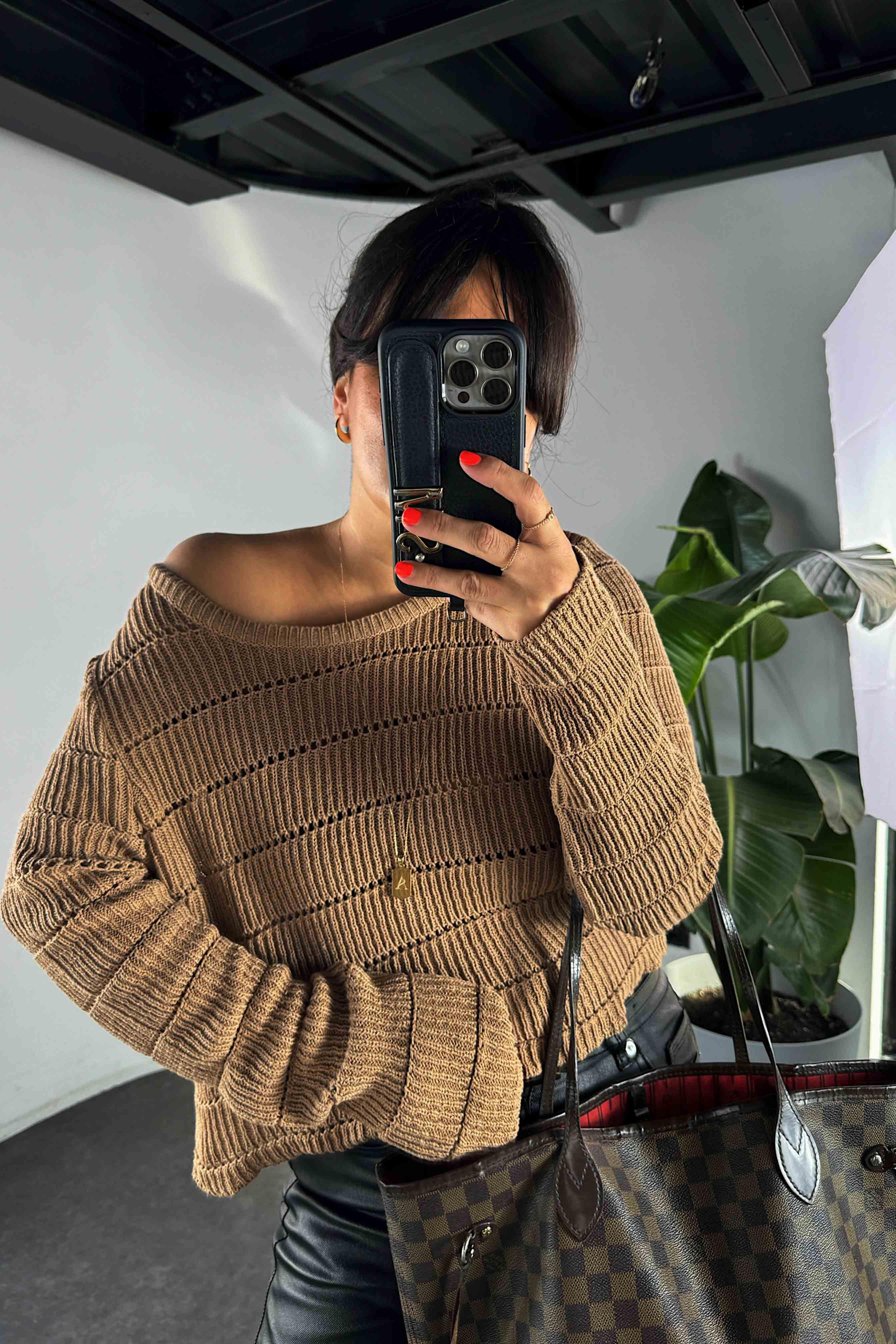 Delikli Triko Crop Kadın Kazak Sütlü Kahve