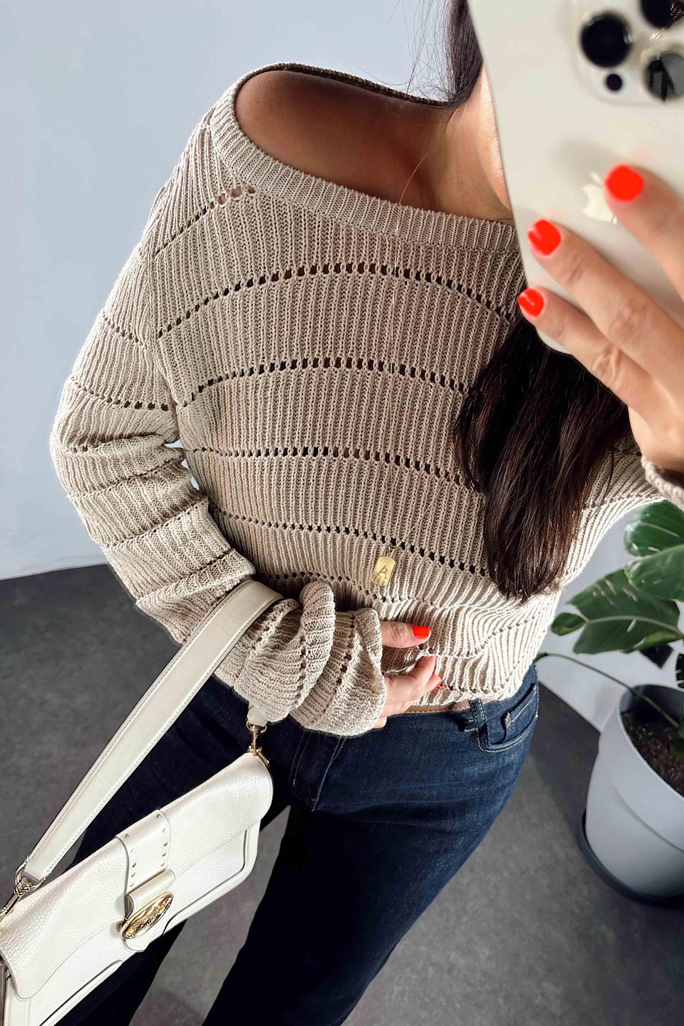 Delikli Triko Crop Kadın Kazak Taş