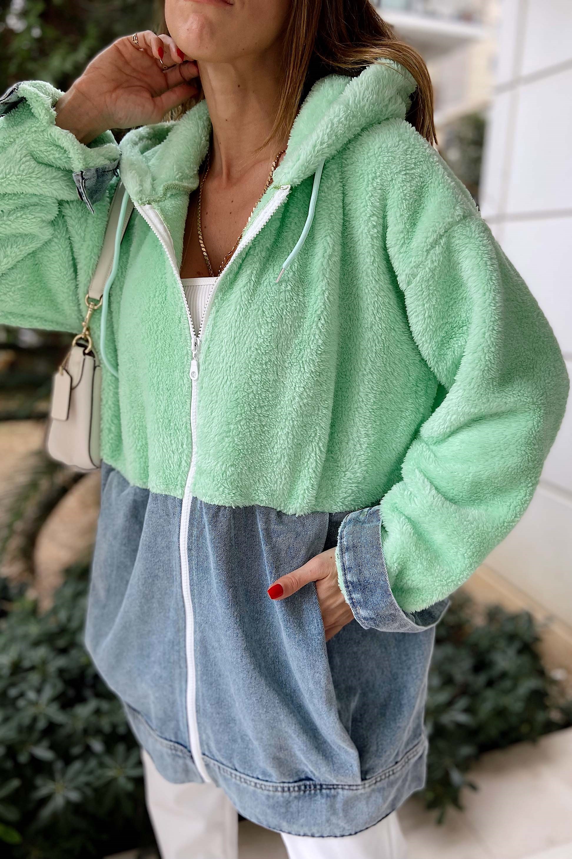 Denim Detay Teddy Mont Su Yeşili