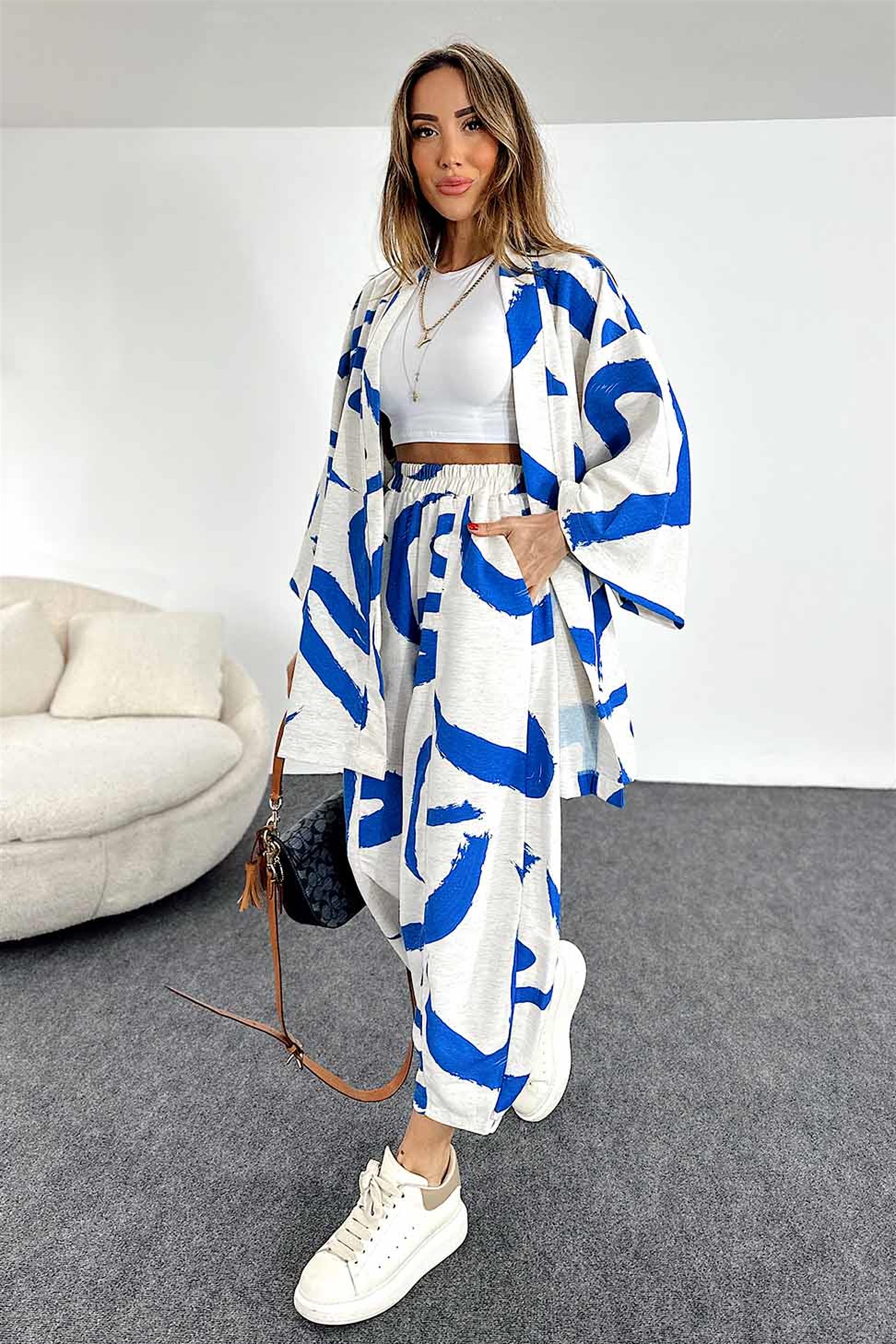 Desenli Taş Rengi Şalvar Pantolon Kimono Takım Mavi