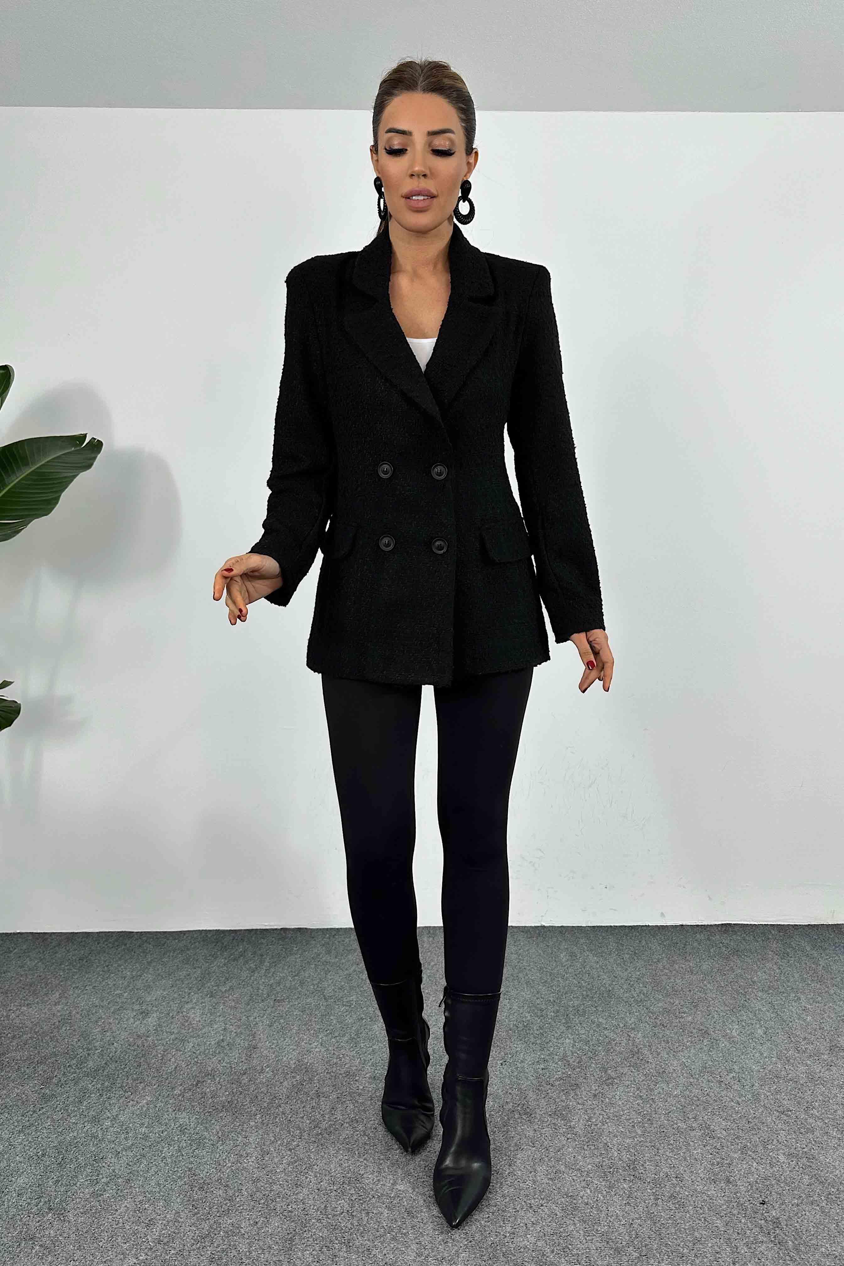 Dört Düğmeli Tasarım Astarlı Tüvit Blazer Ceket Siyah