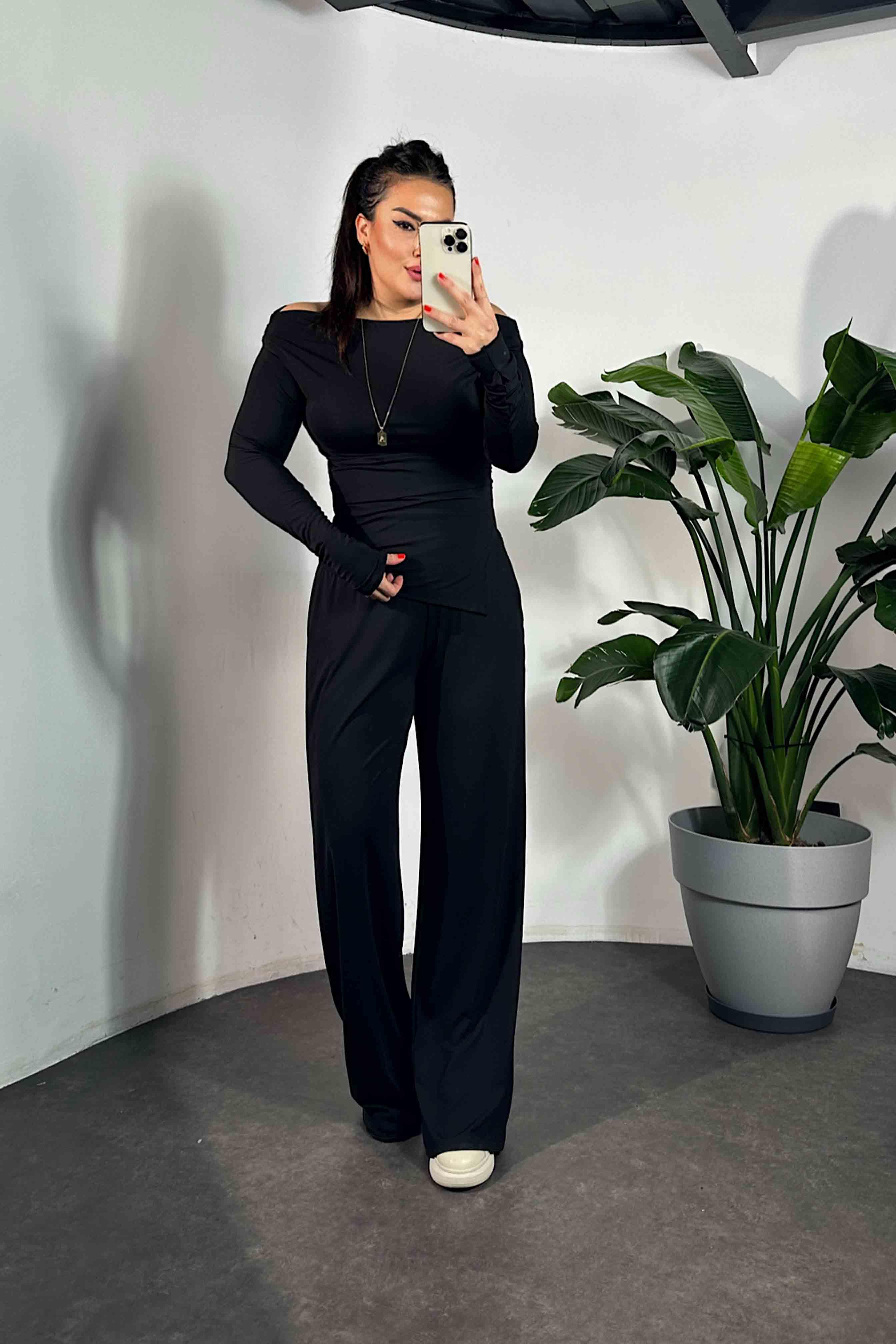 Drapeli Asimetrik Kesim Bluz Pantolon Modal Takım Siyah