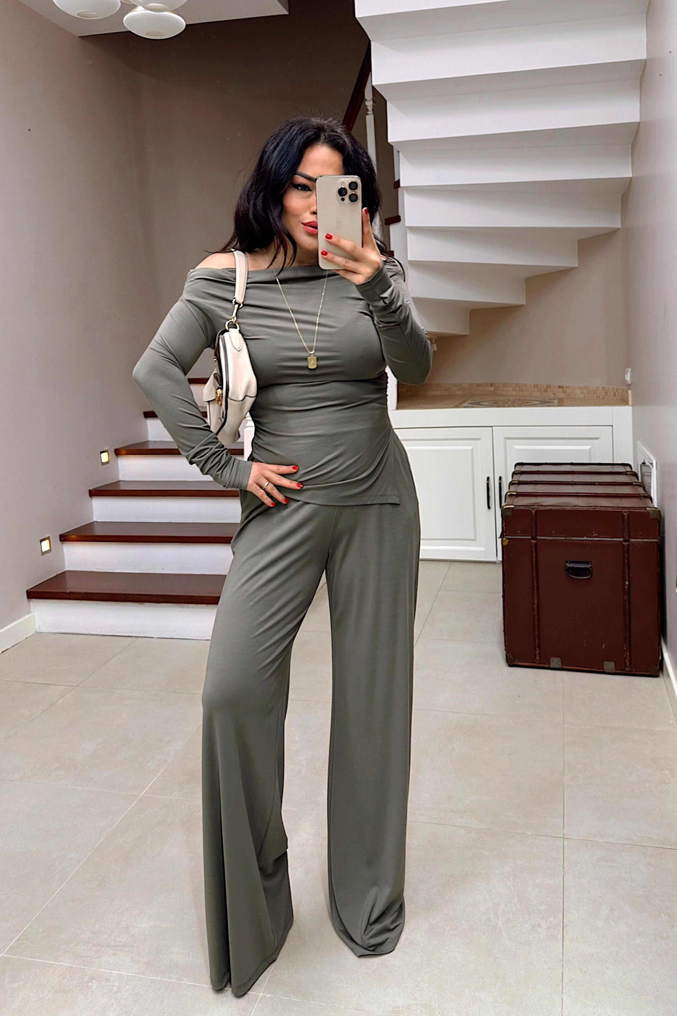 Drapeli Asimetrik Kesim Bluz Pantolon Modal Takım Haki