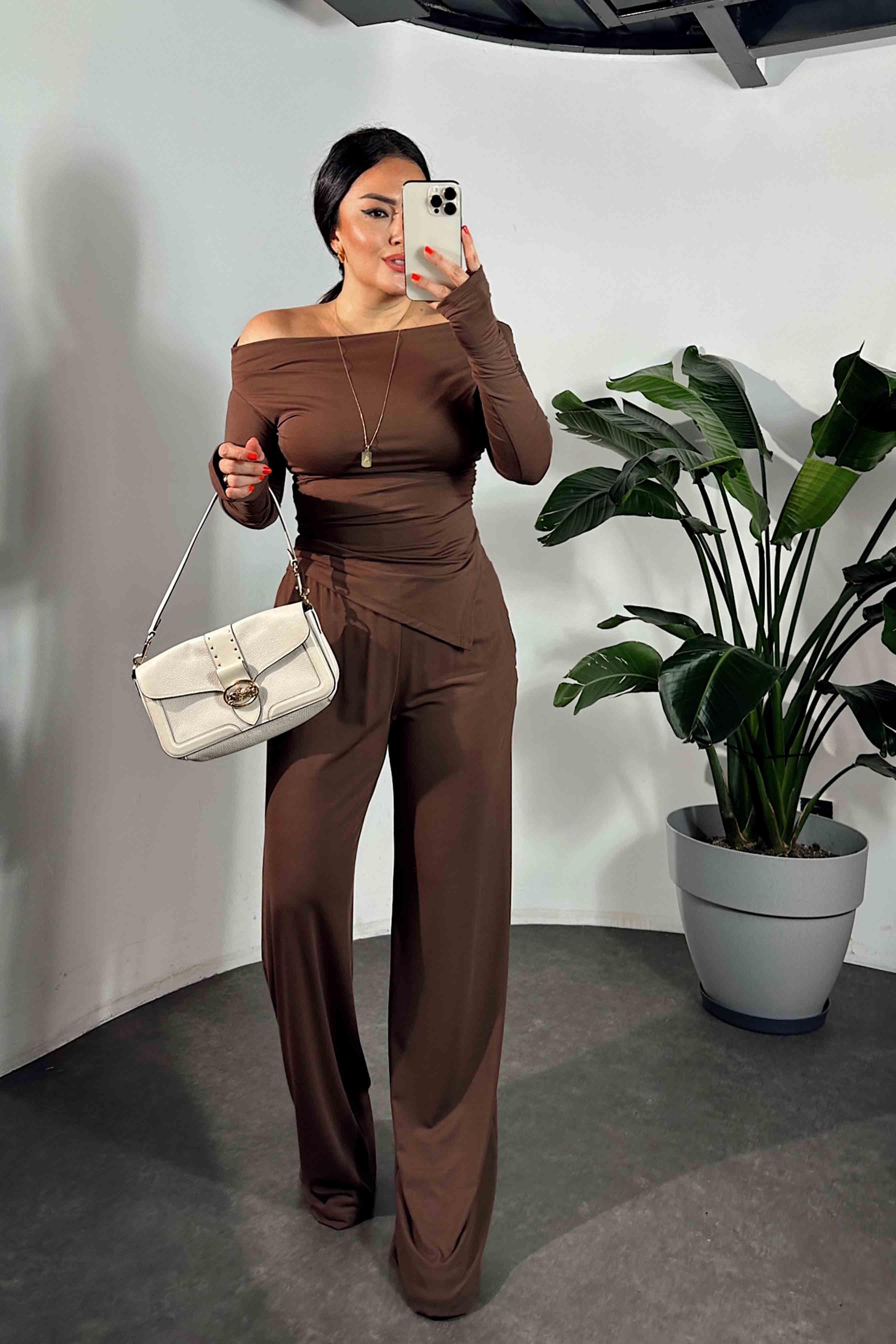 Drapeli Asimetrik Kesim Bluz Pantolon Modal Takım Acı Kahve