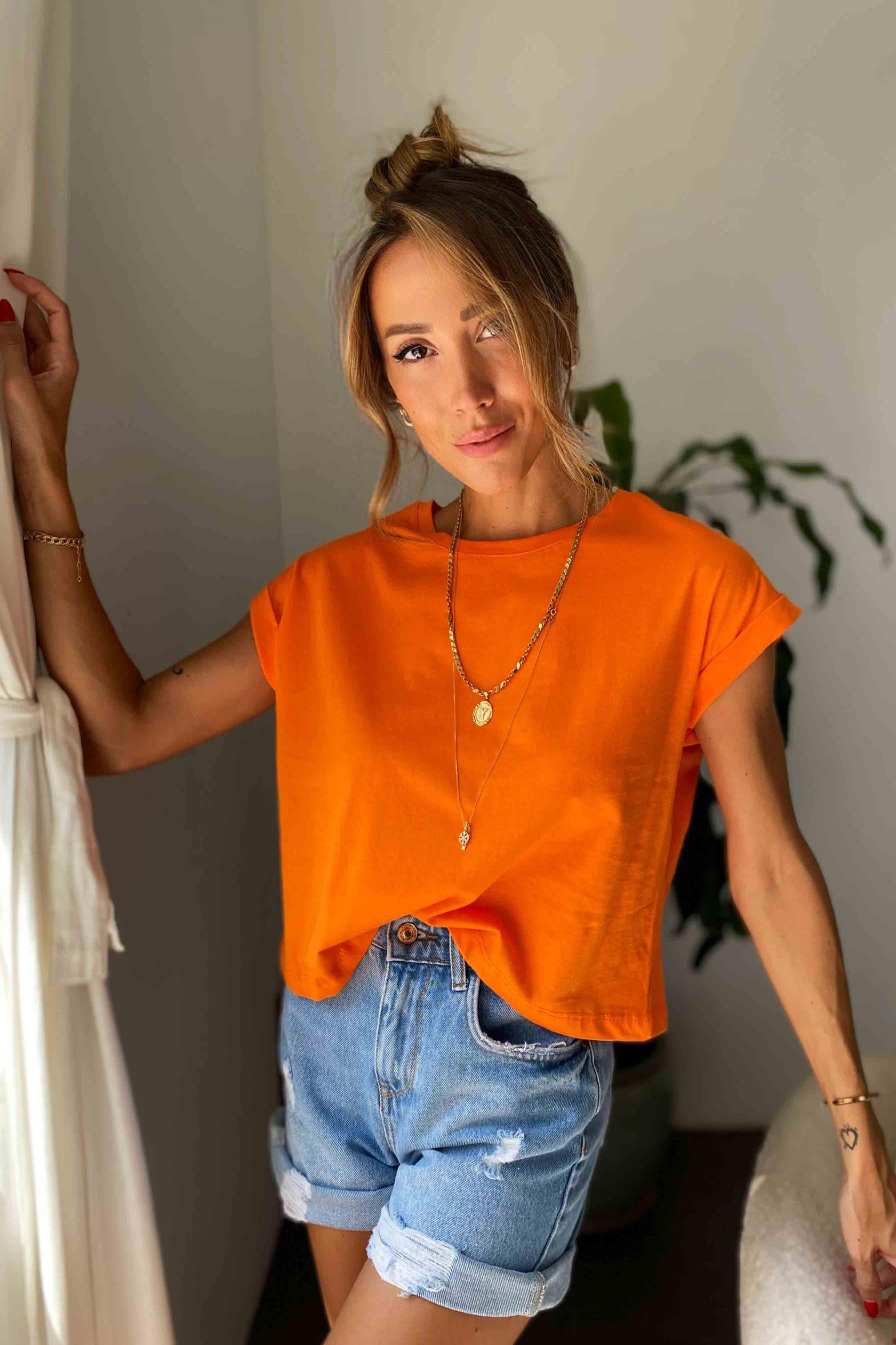 Duble Kol Bisiklet Yaka Tişört Turuncu