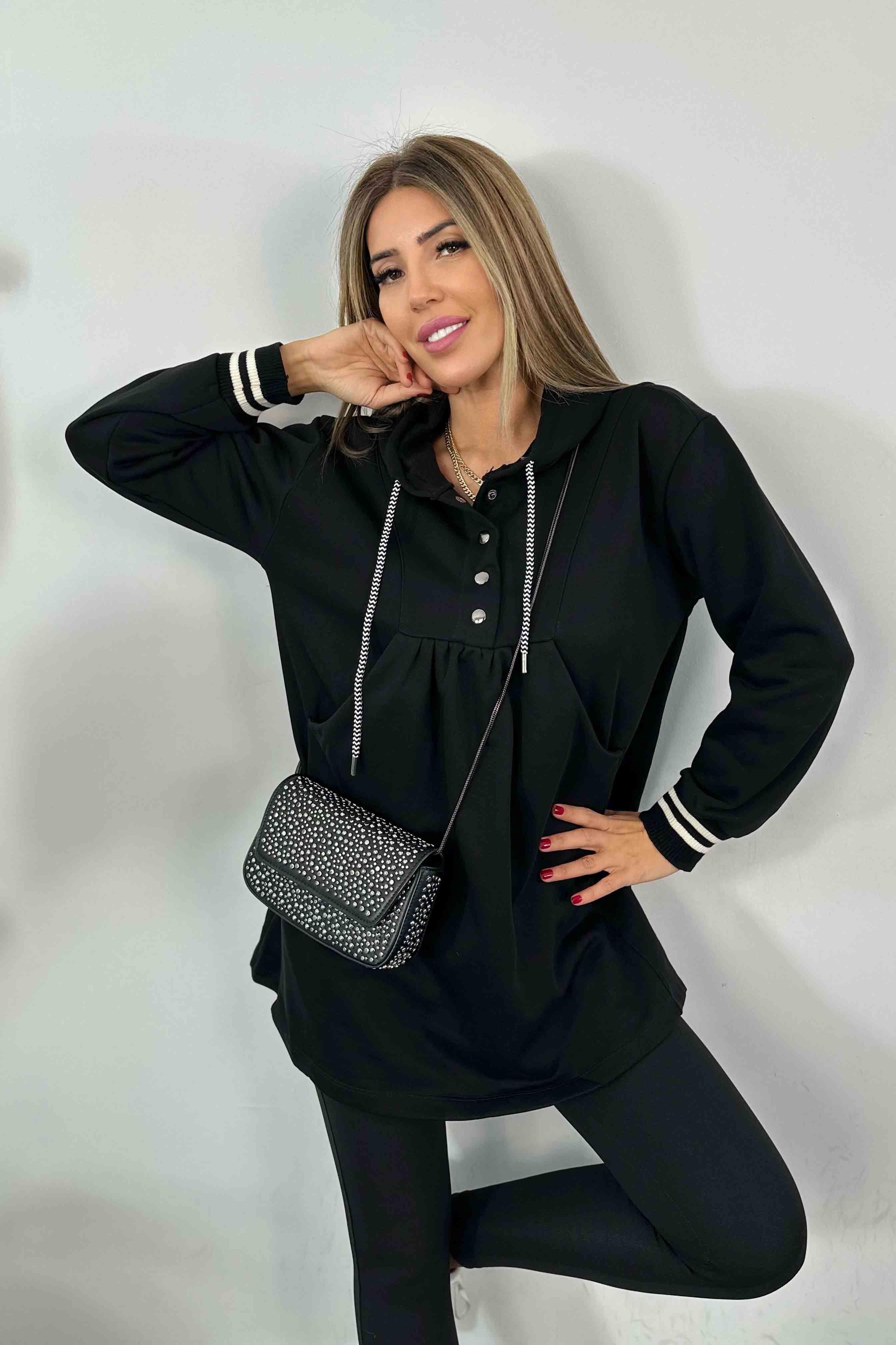 Düğme ve  Kapüşonlu Sweat Elbise Siyah · 7