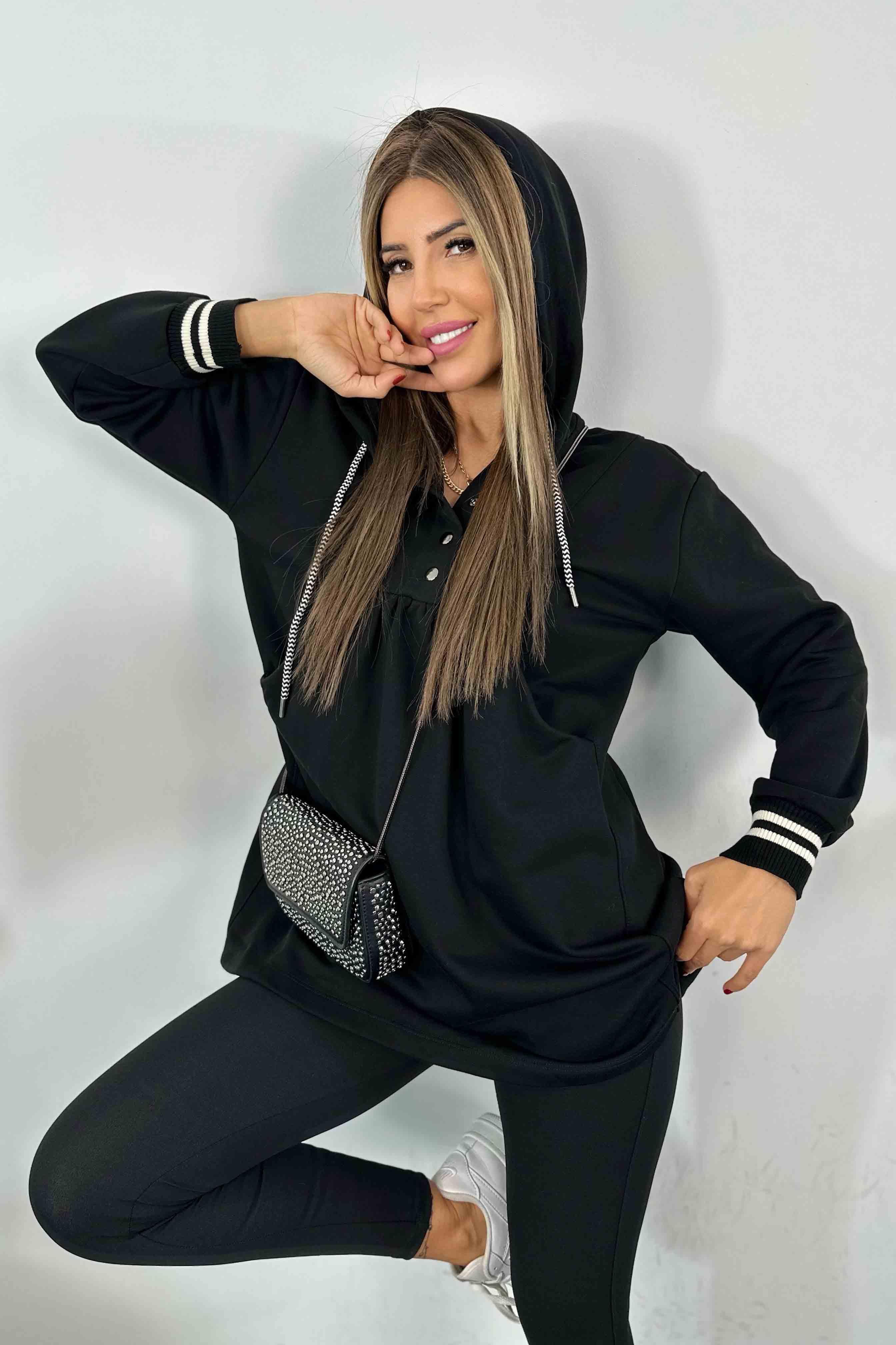 Düğme ve  Kapüşonlu Sweat Elbise Siyah · 5