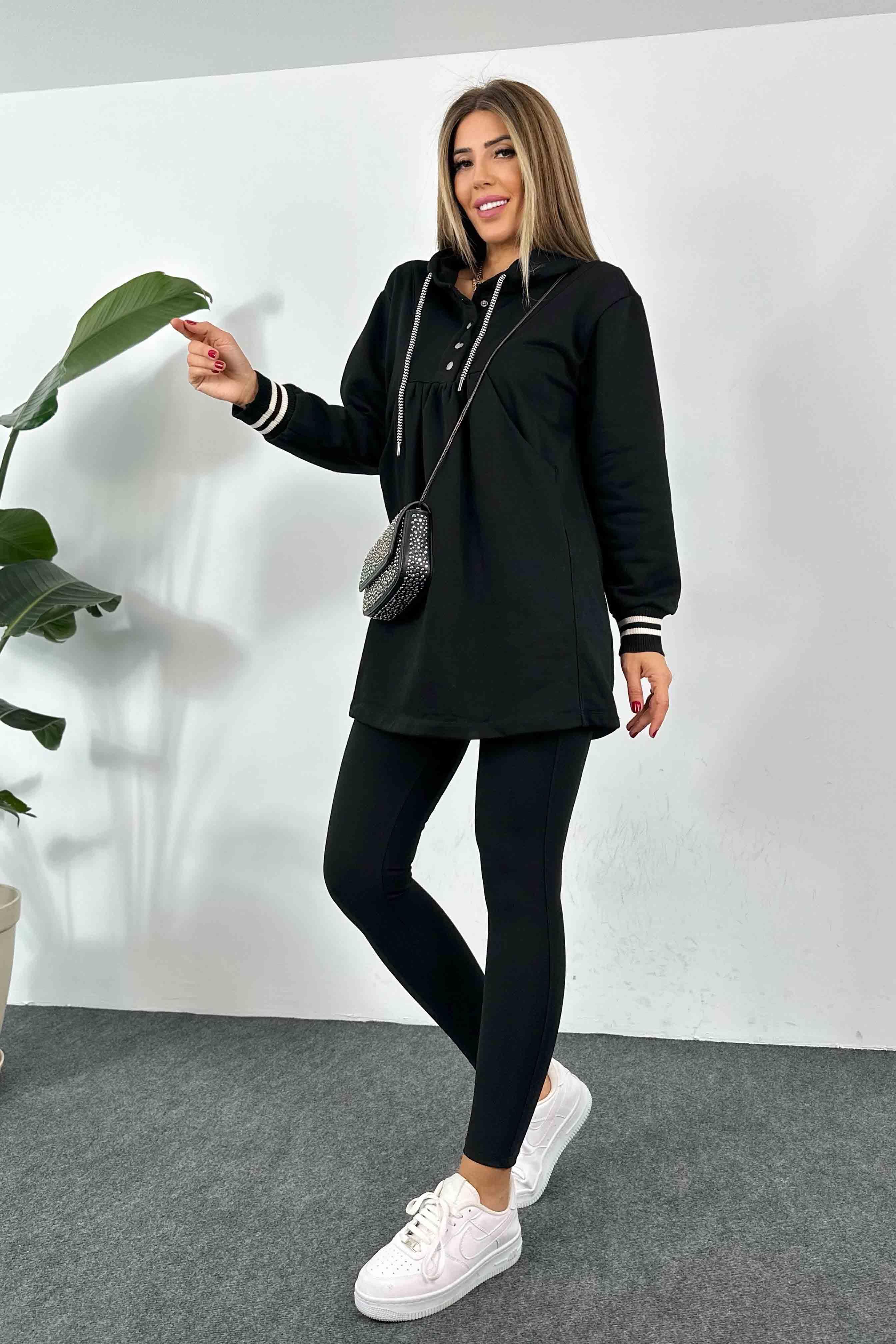 Düğme ve  Kapüşonlu Sweat Elbise Siyah · 6
