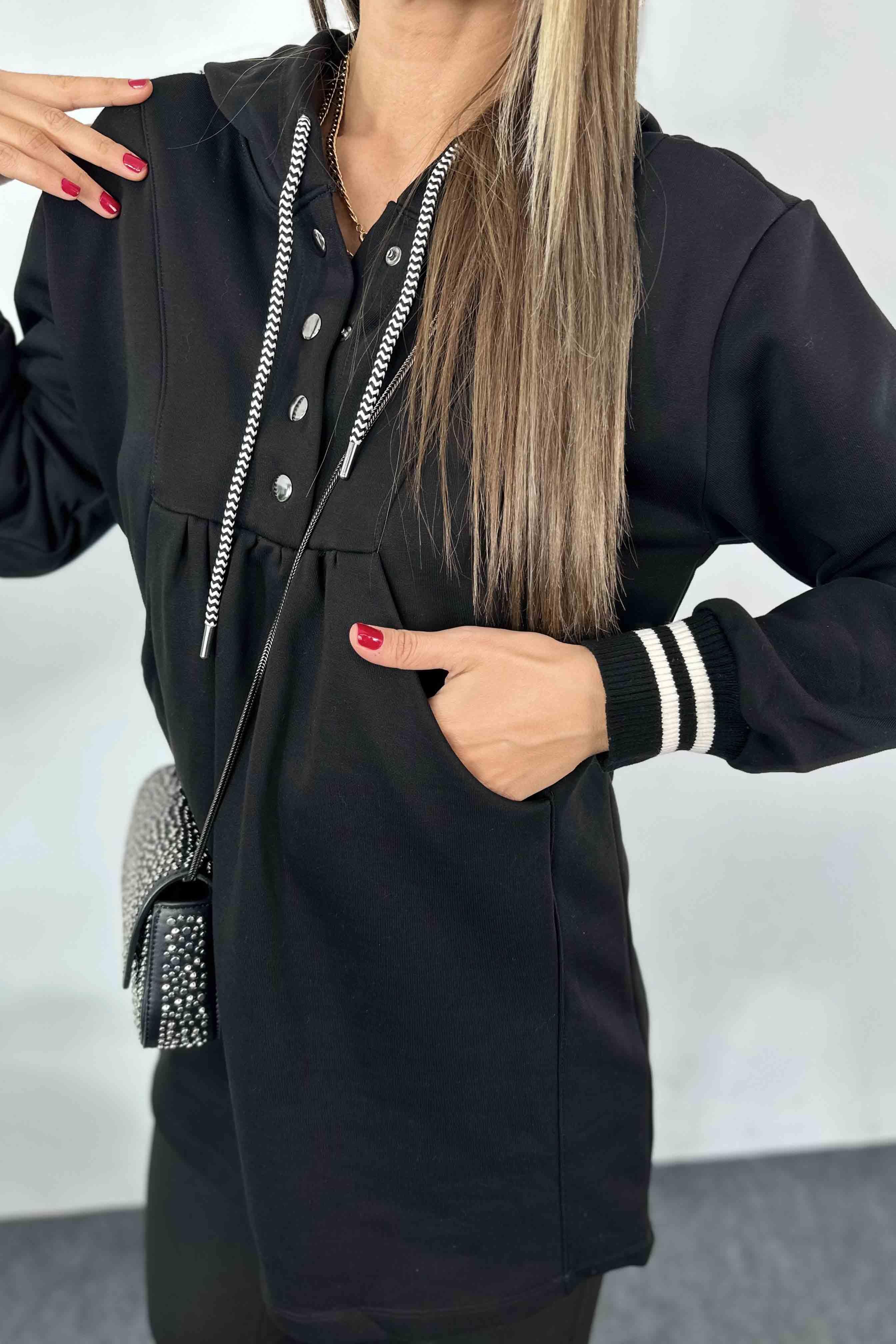Düğme ve  Kapüşonlu Sweat Elbise Siyah · 2