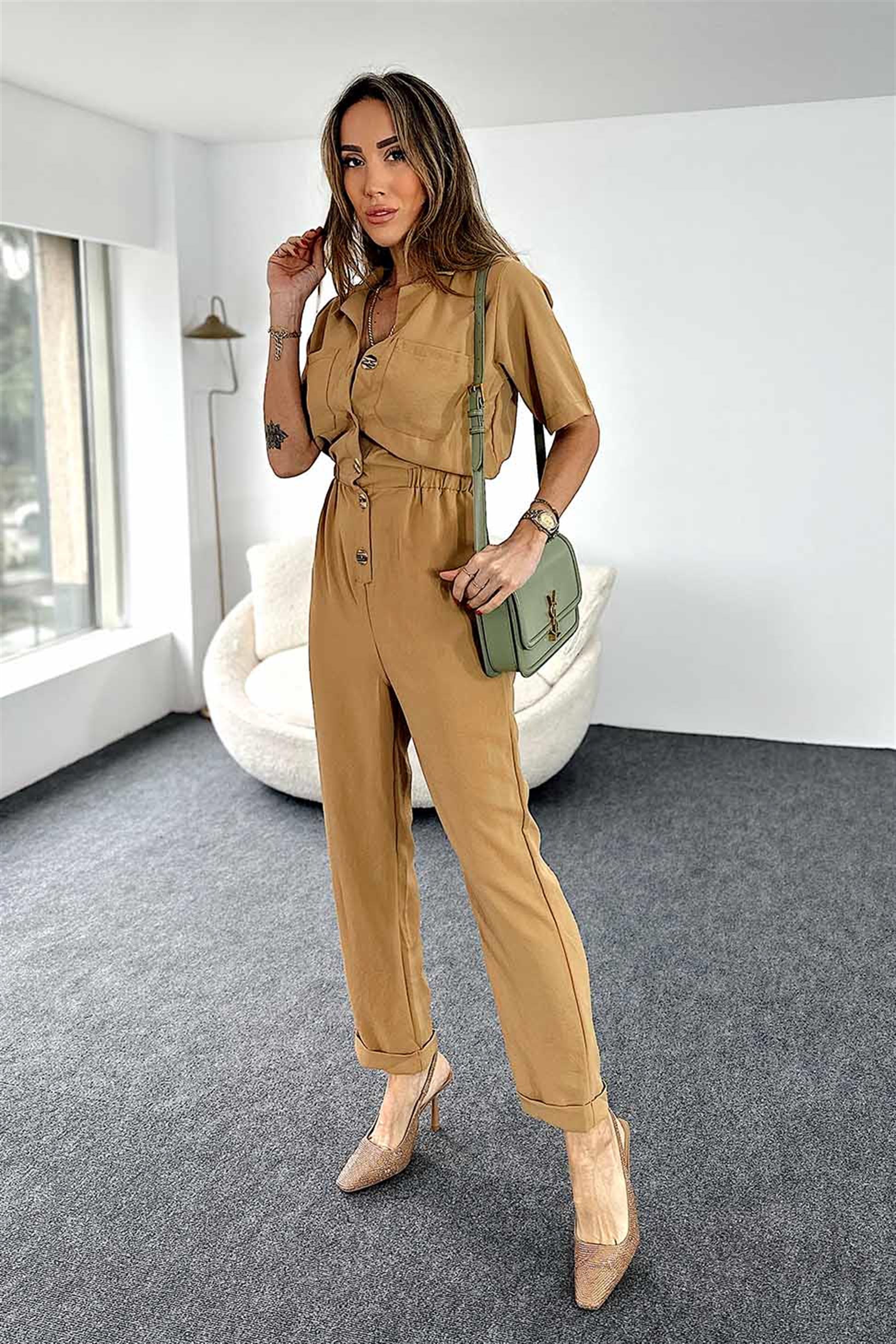 Düğmeli Cep Detay Tulum Camel