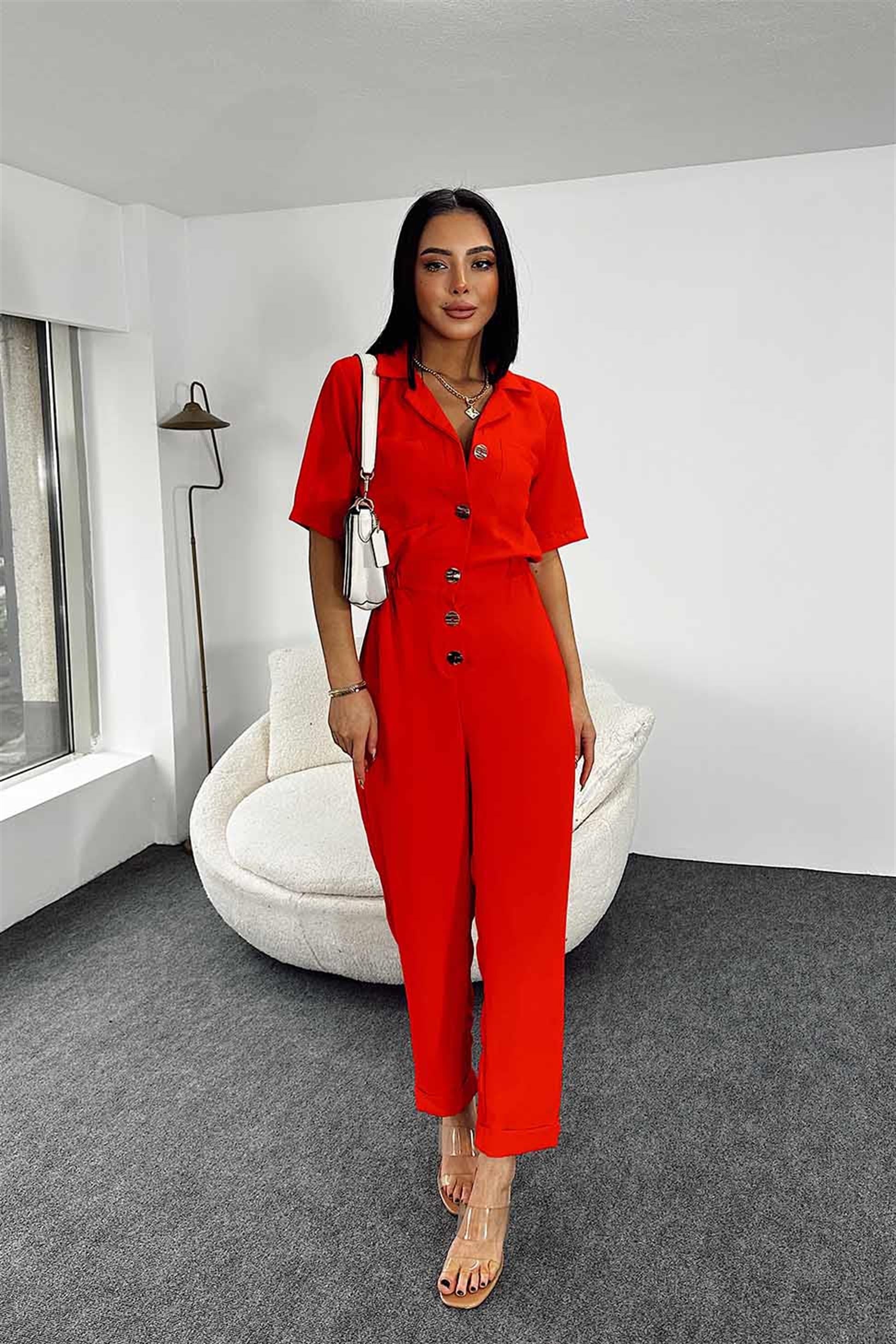 Düğmeli Cep Detay Tulum Nar Çiçeği