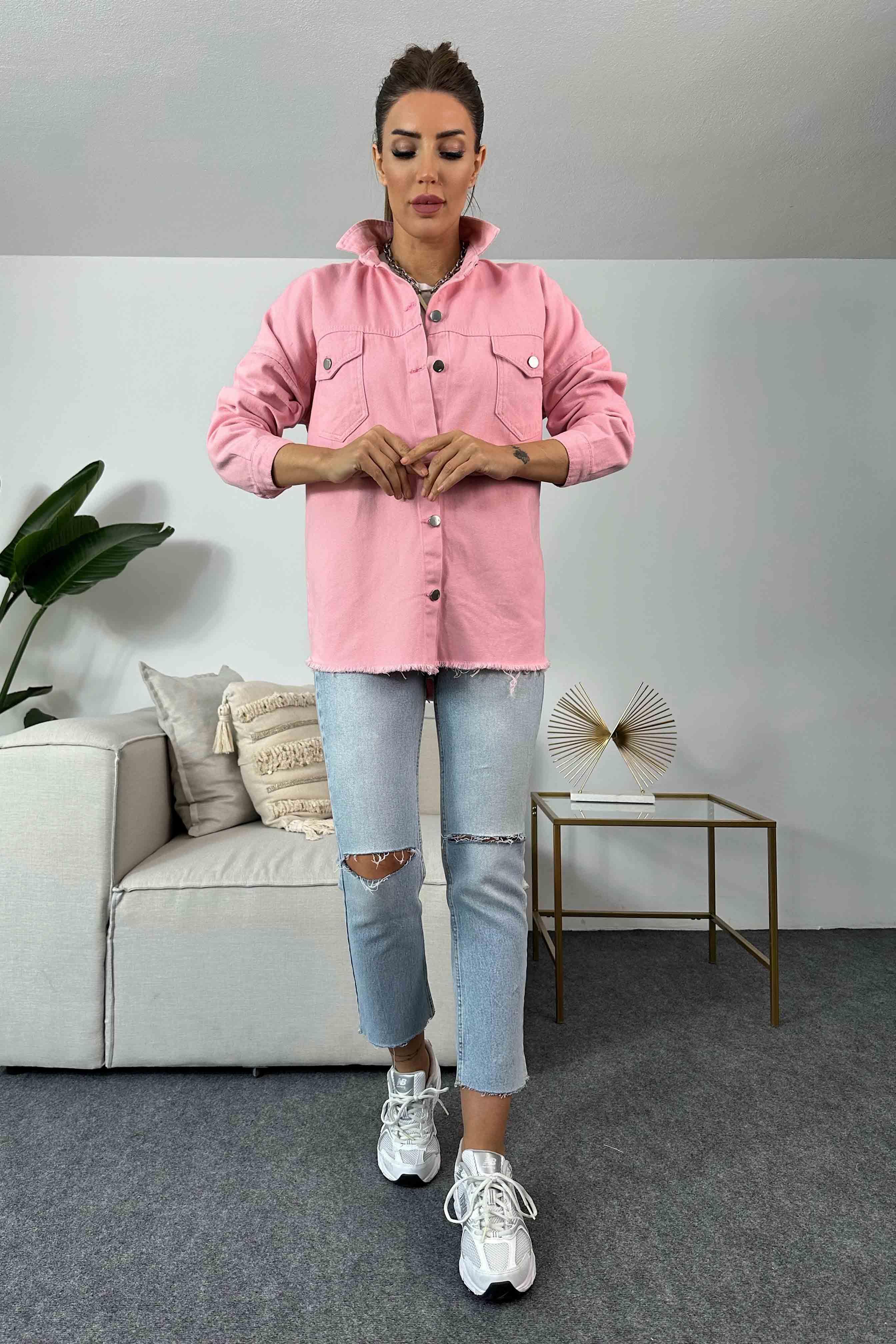 Düğmeli Kadın Kot Ceket Pembe