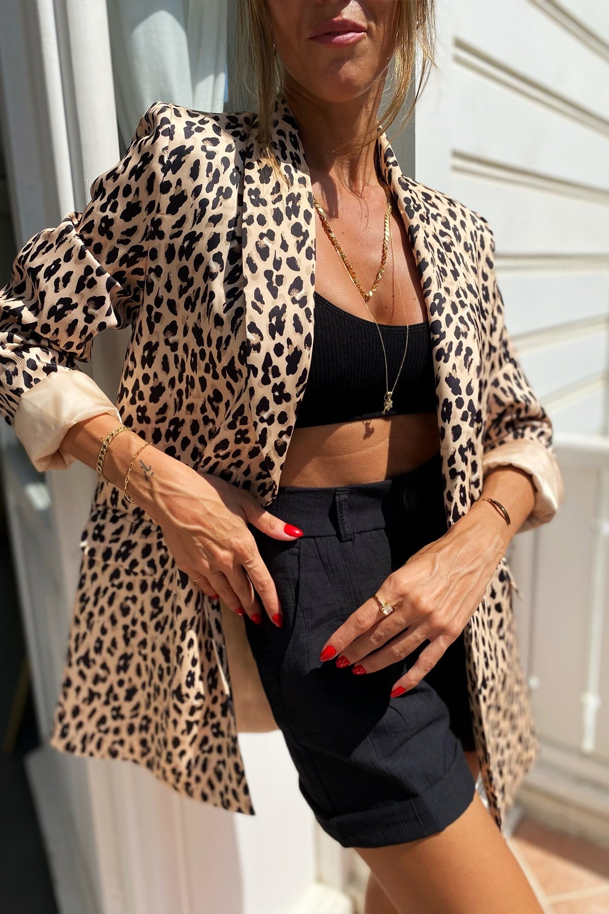 Düğmesiz Tasarım Leopar Desen Blazer Ceket