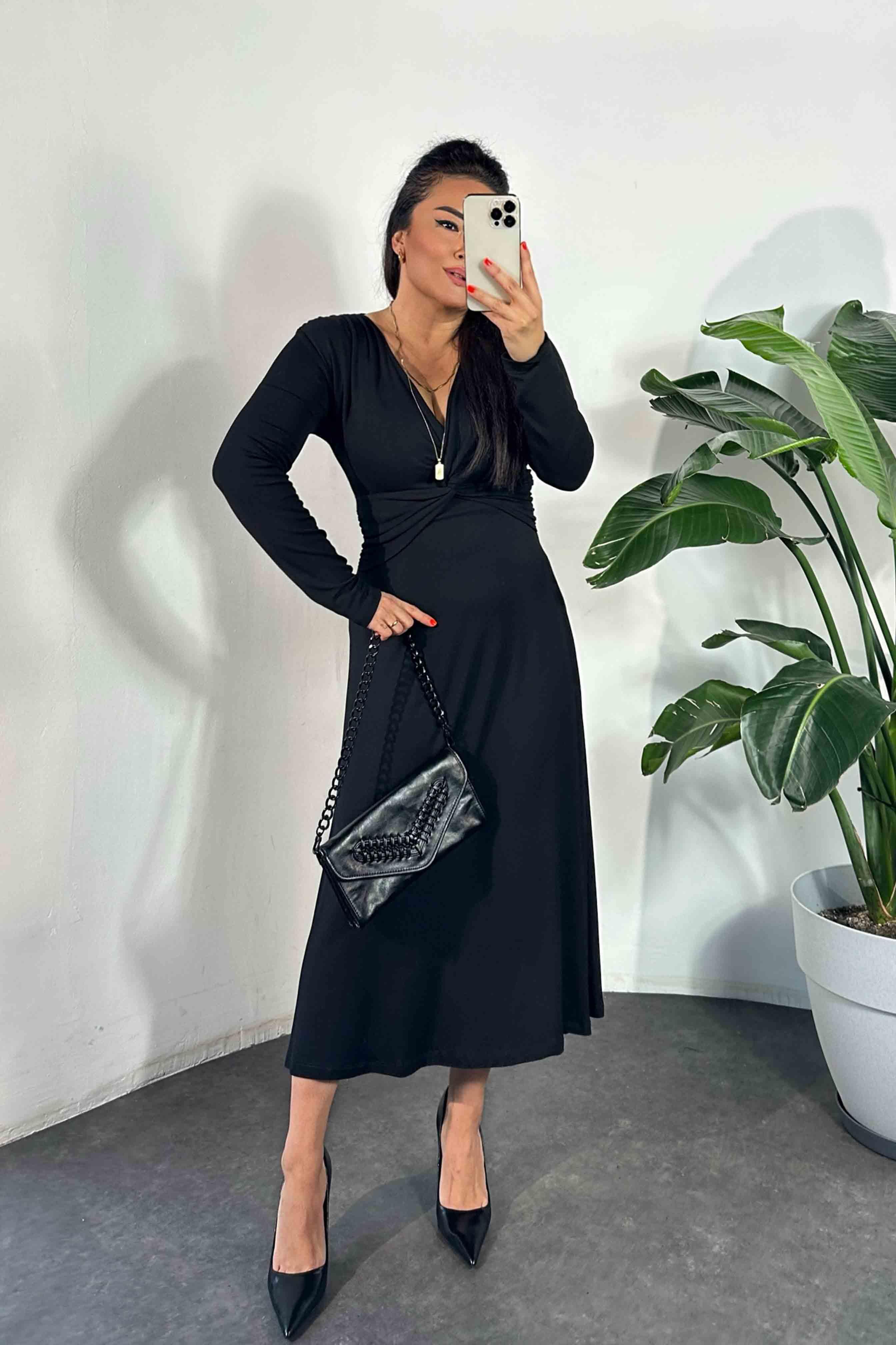 Düğüm Detay Astarlı Tasarım Elbise Siyah