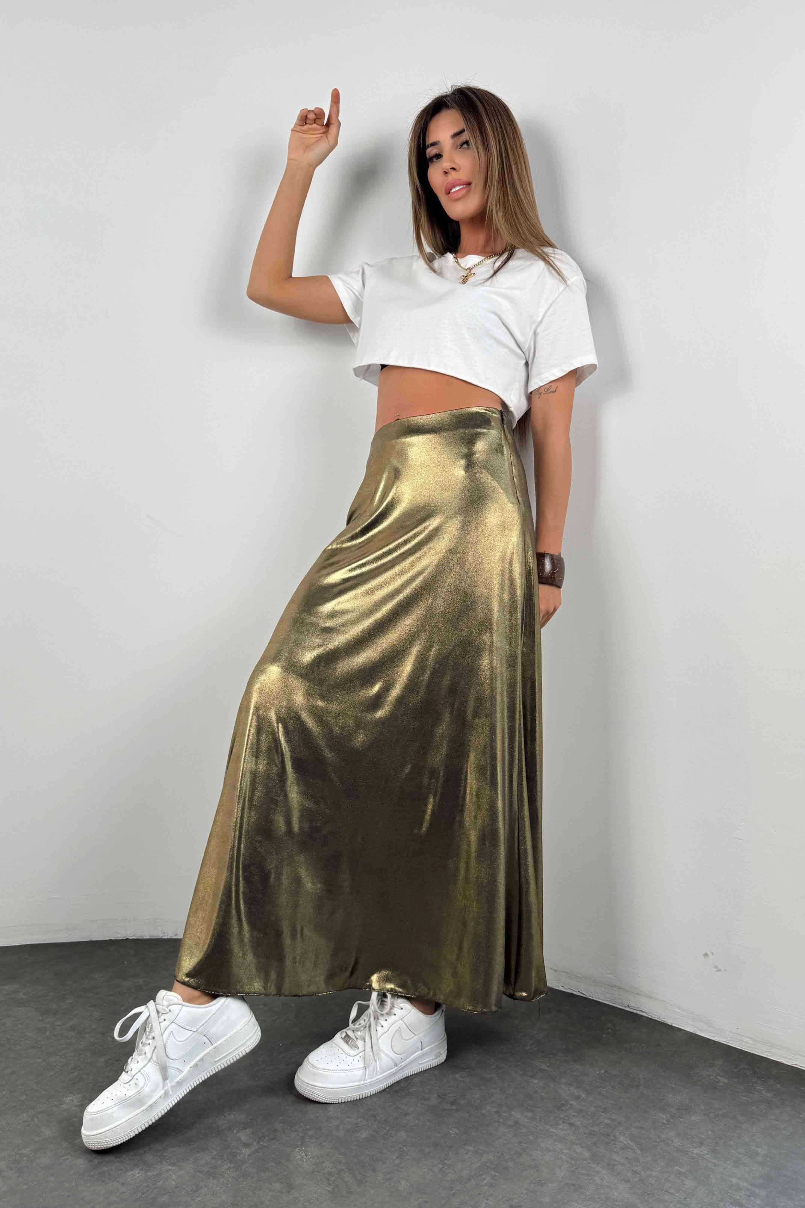 Fermuarlı Parlak Uzun Etek Gold