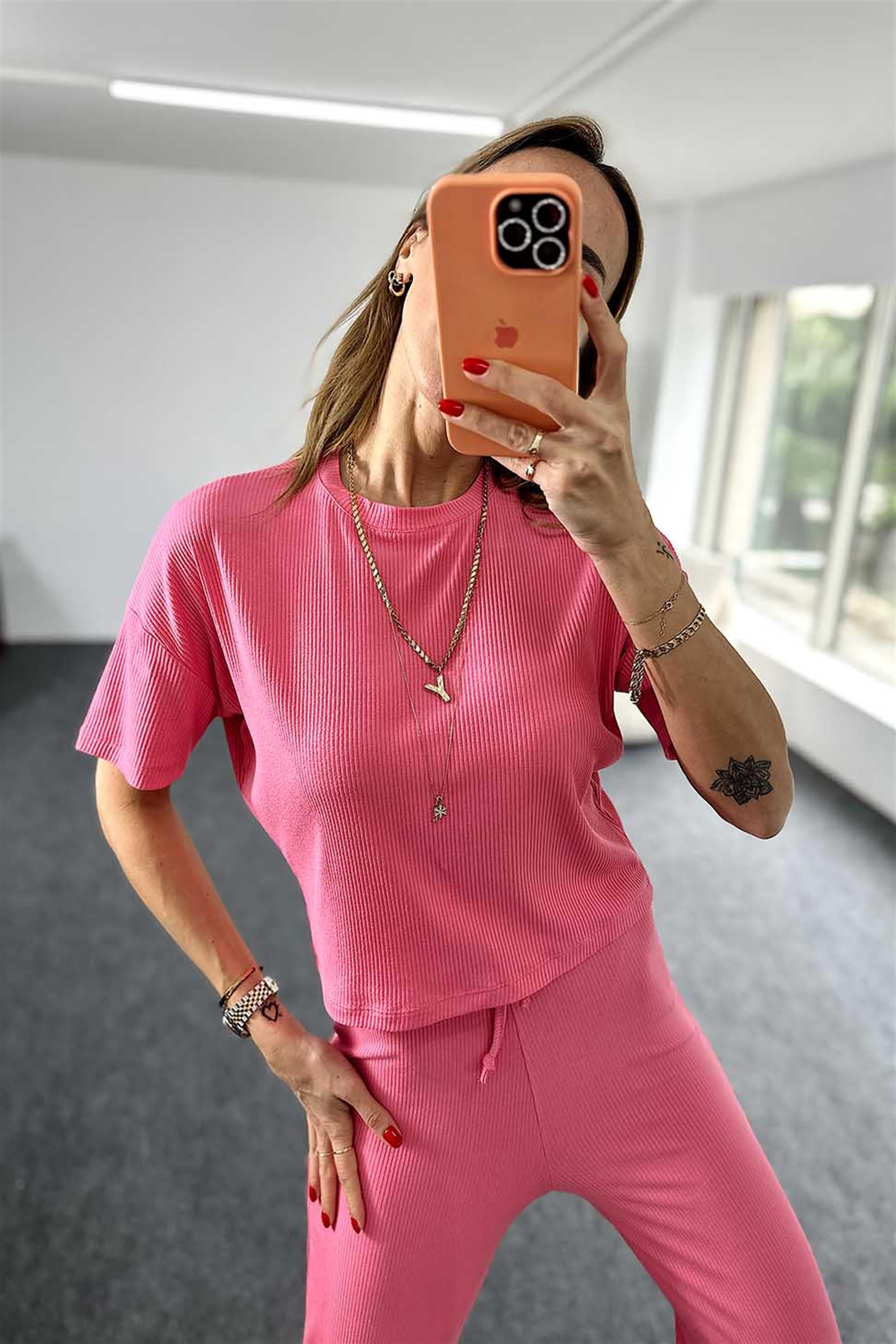 Fitilli Crop Pantolon İkili Kadın Takım Pembe · 6