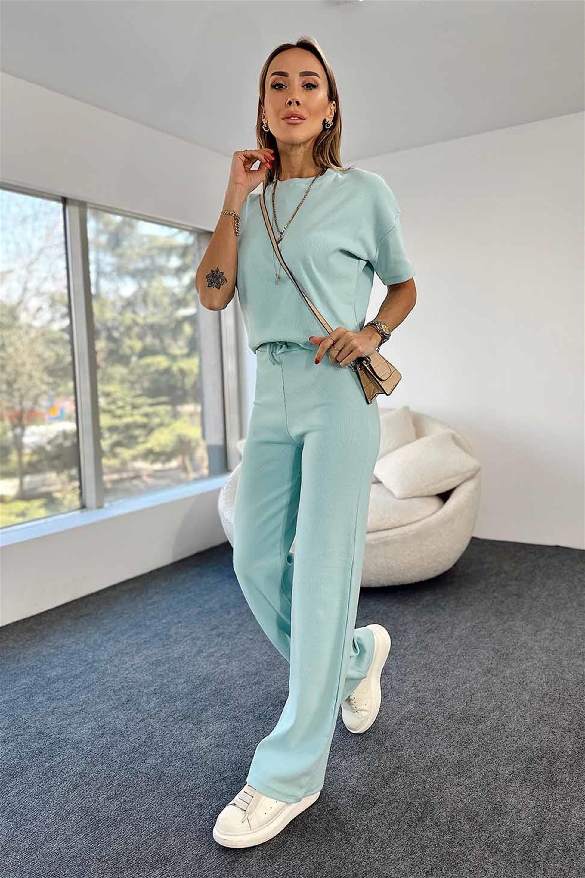 Fitilli Crop Pantolon İkili Kadın Takım Bebe Mavisi