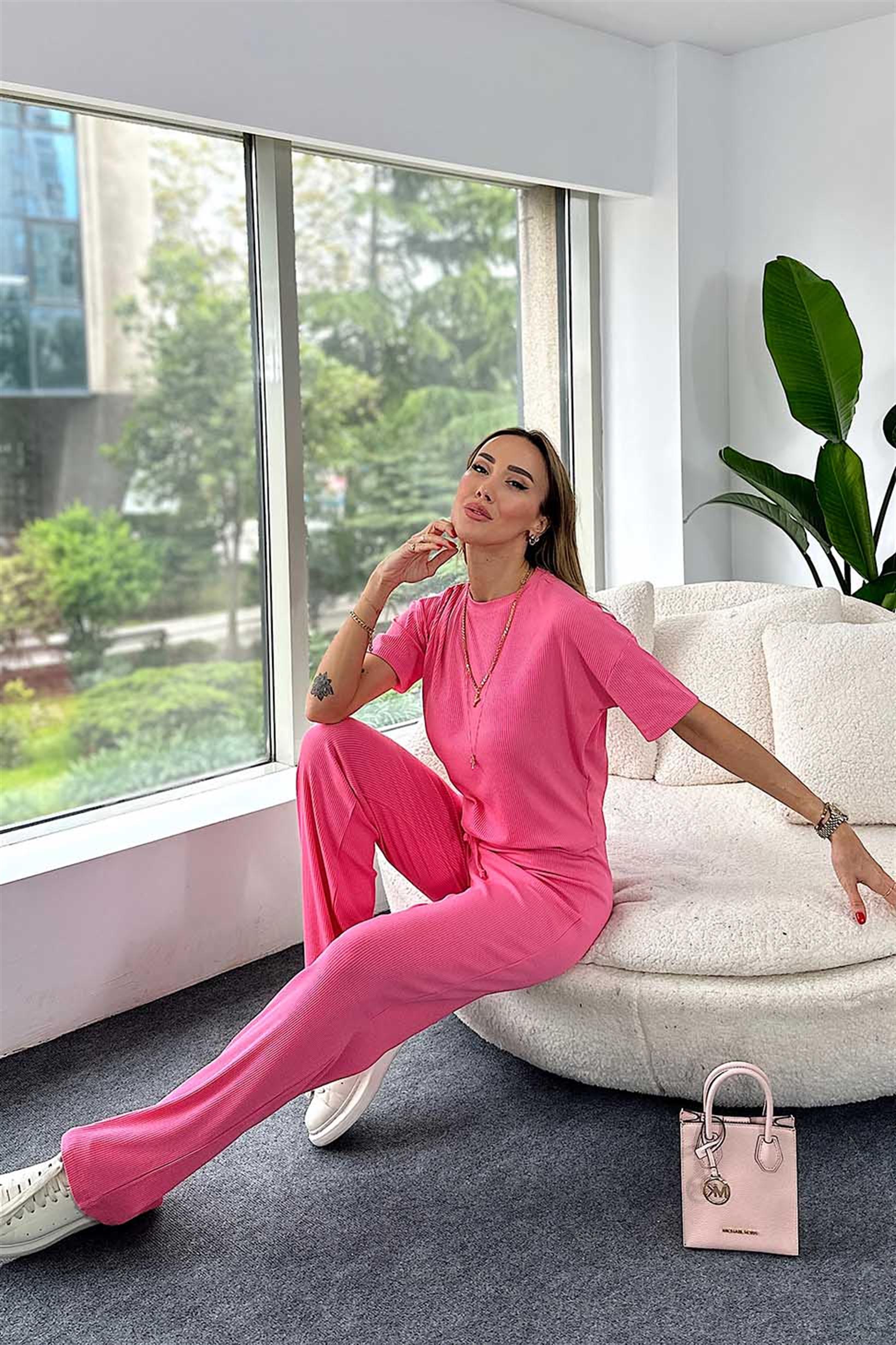 Fitilli Crop Pantolon İkili Kadın Takım Pembe · 3
