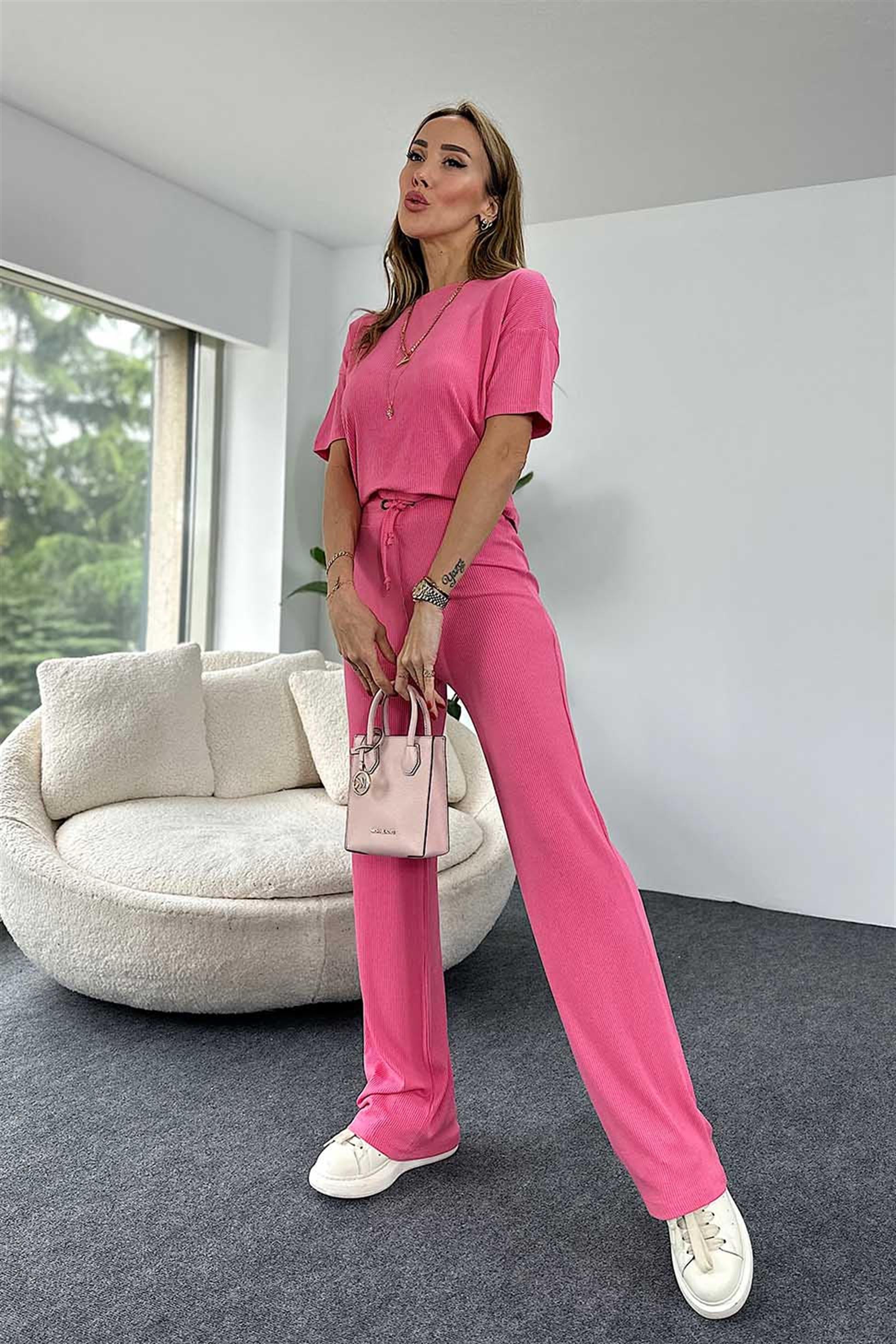 Fitilli Crop Pantolon İkili Kadın Takım Pembe