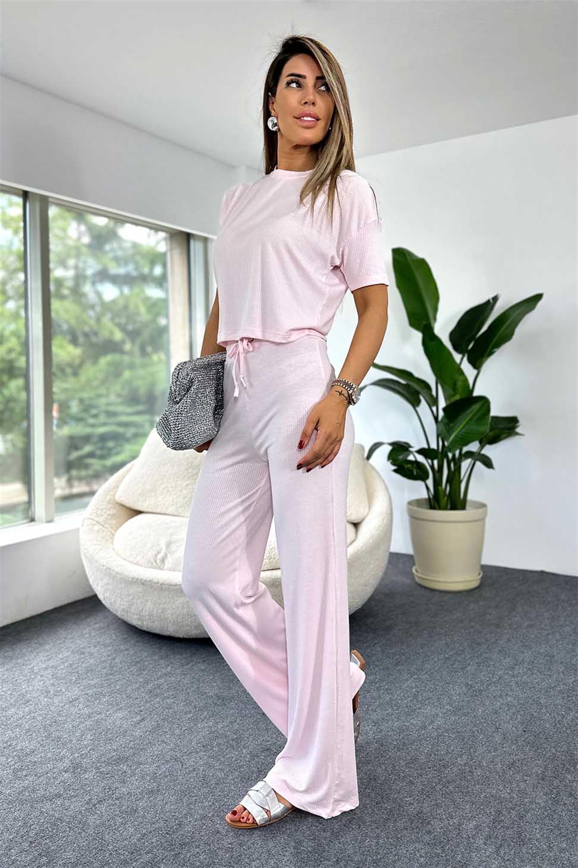 Fitilli Crop Pantolon İkili Kadın Takım Toz Pembe