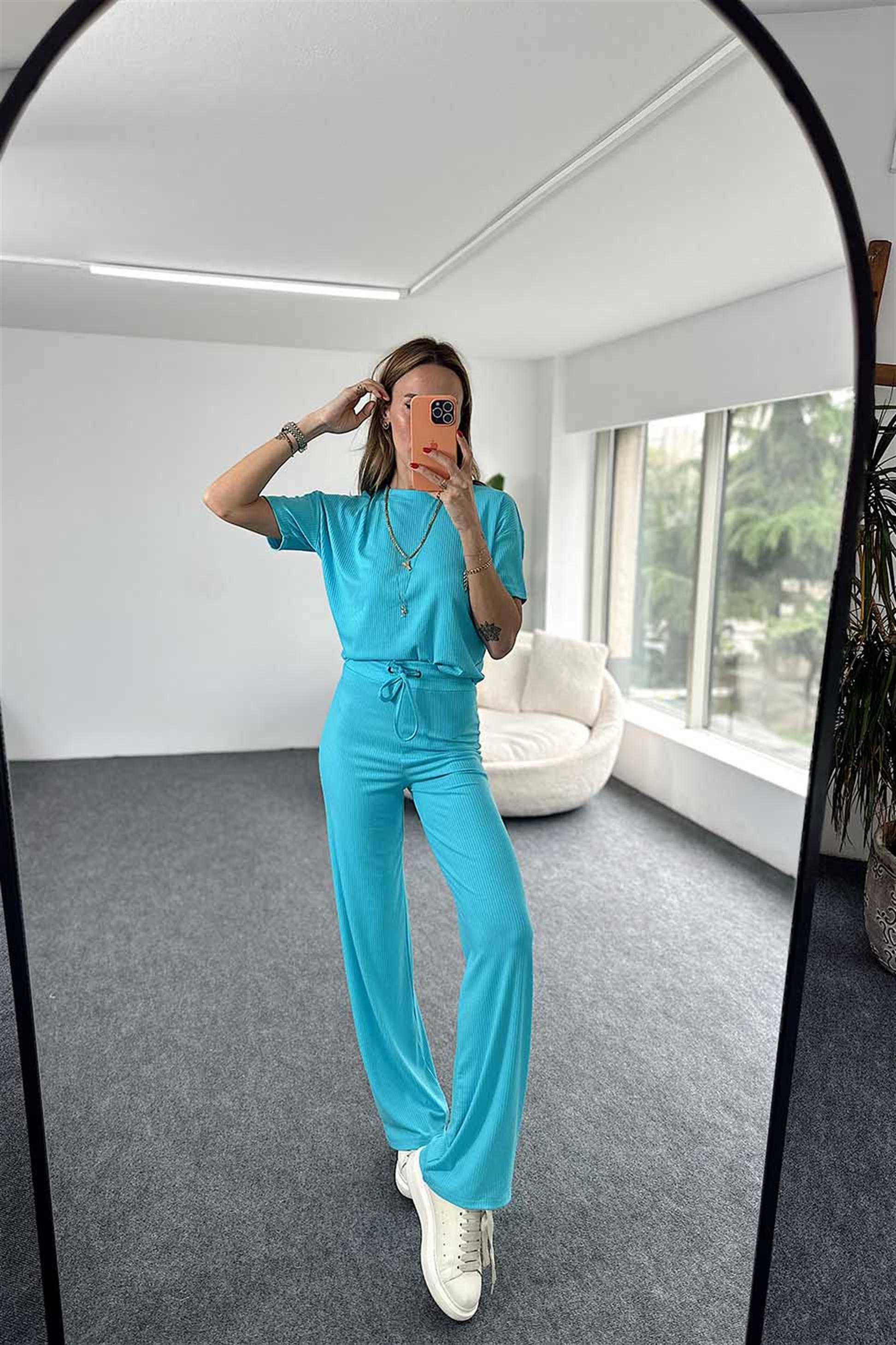 Fitilli Crop Pantolon İkili Kadın Takım Gök Mavisi · 10