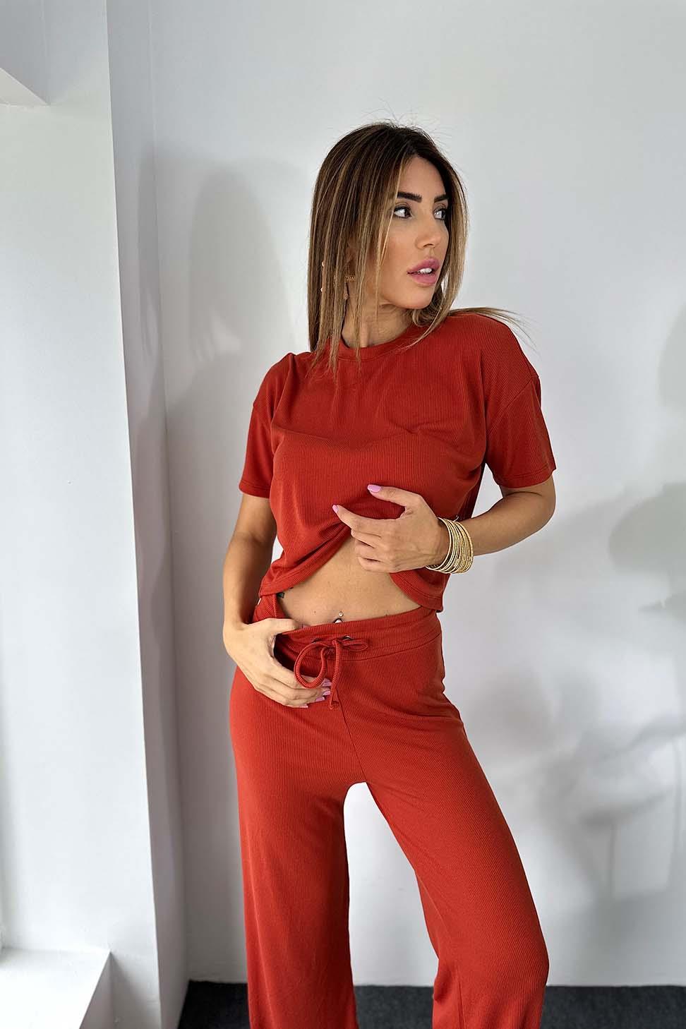 Fitilli Crop Pantolon İkili Kadın Takım Kiremit