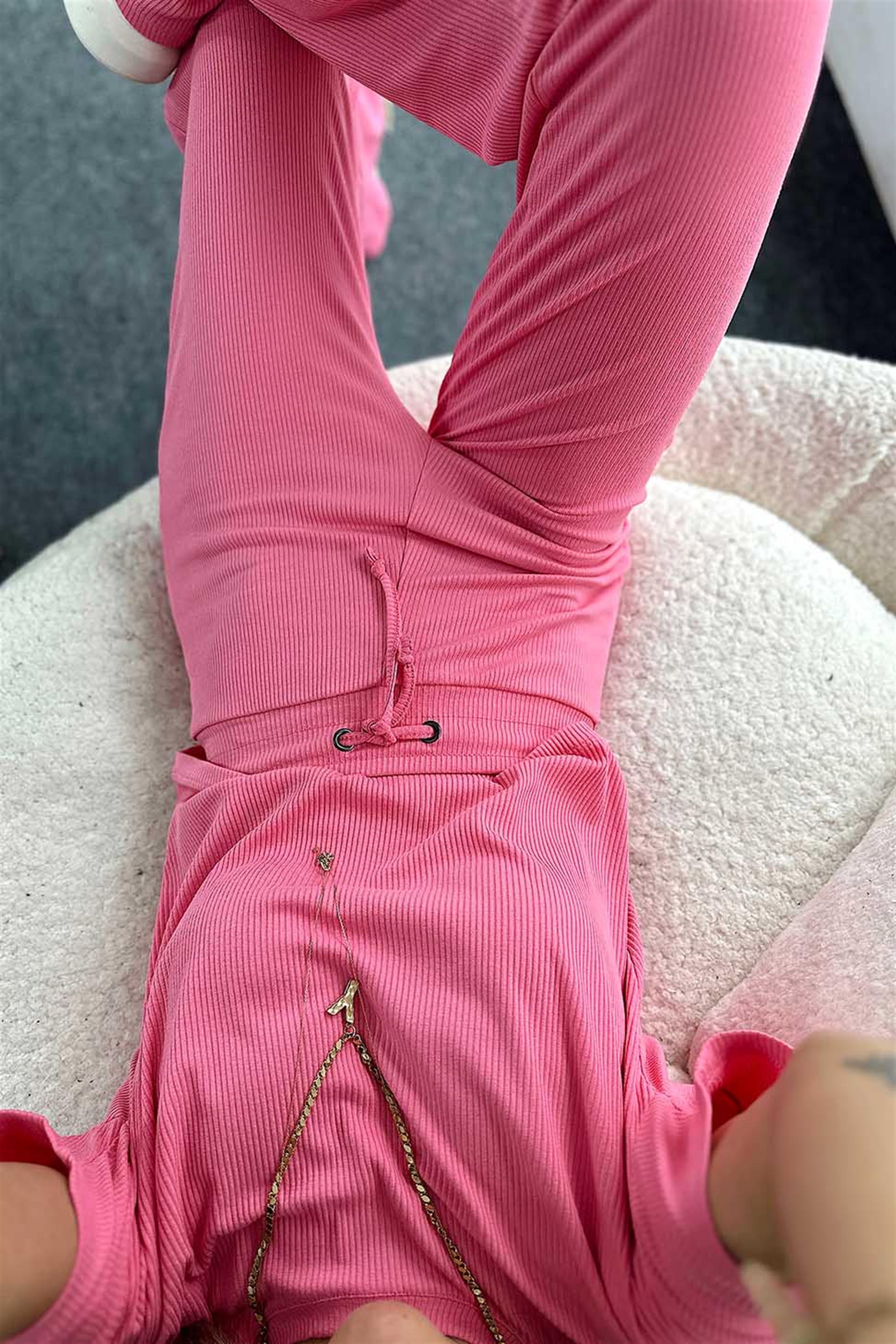 Fitilli Crop Pantolon İkili Kadın Takım Pembe · 14