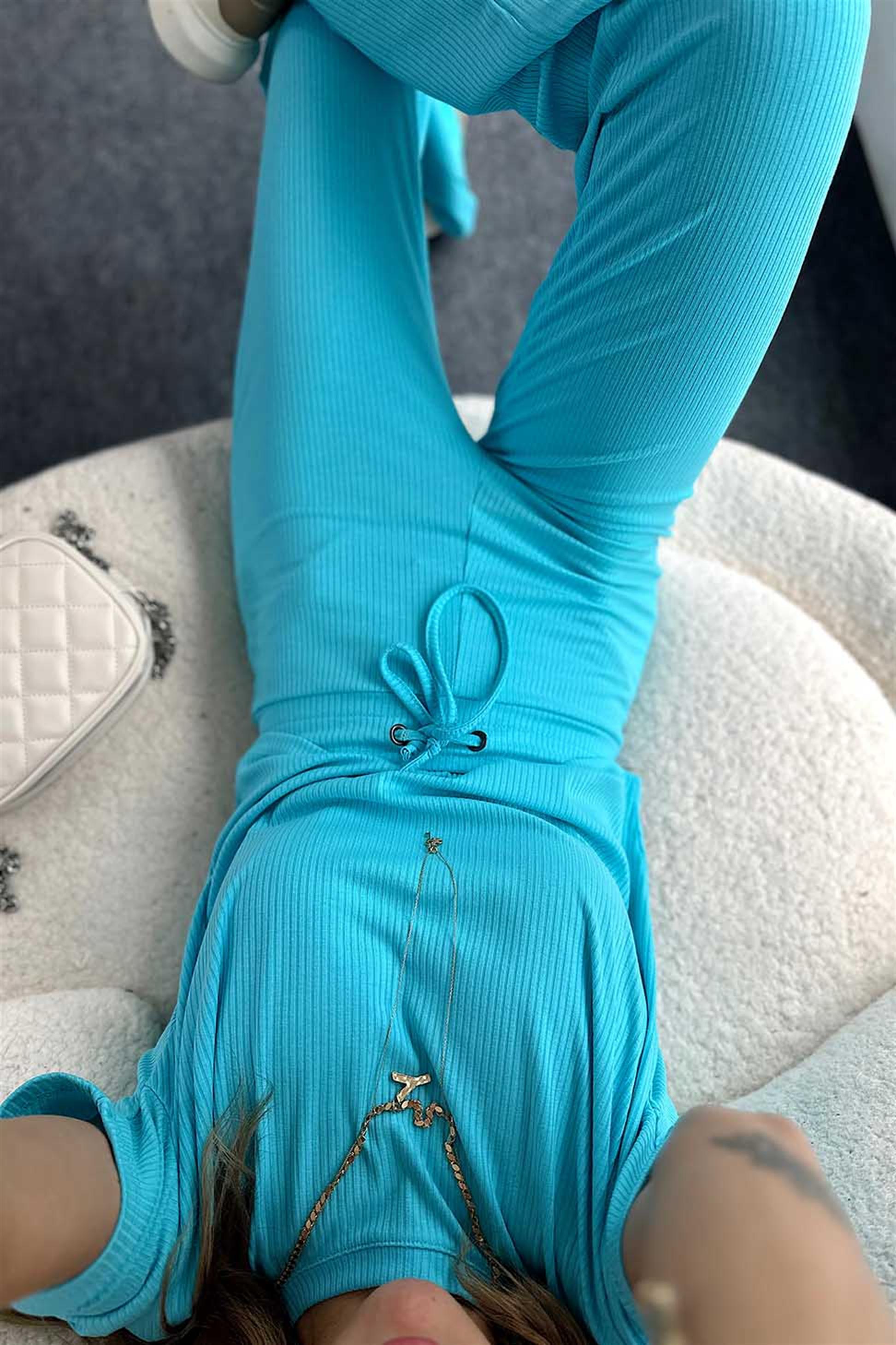 Fitilli Crop Pantolon İkili Kadın Takım Gök Mavisi · 5